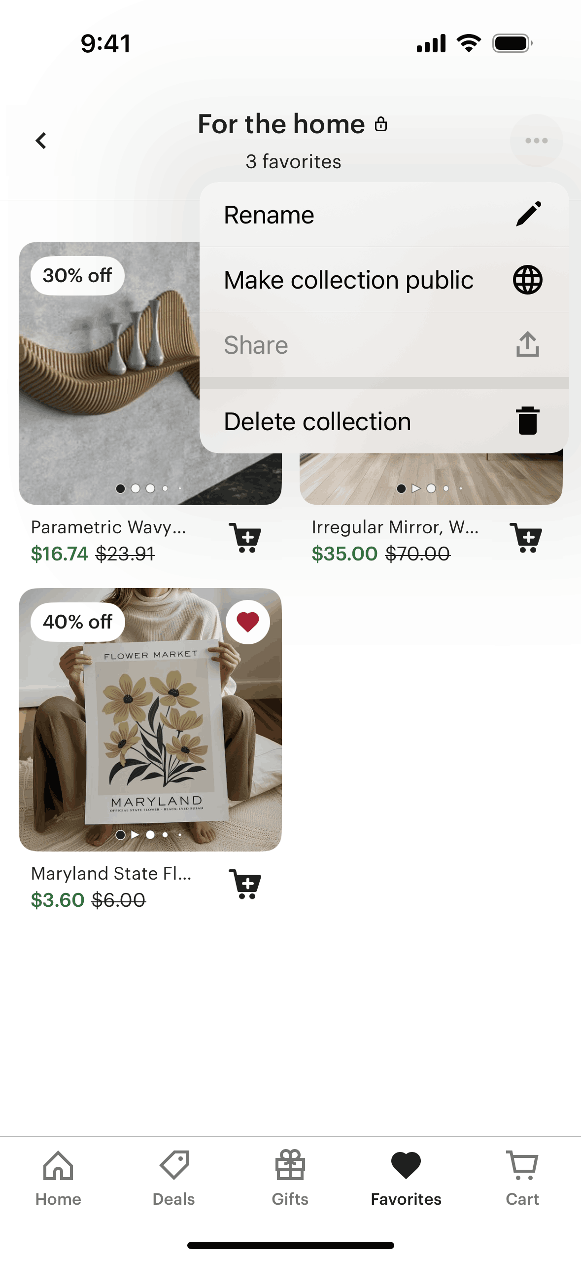 Deleting a collection on Etsy (ios) screen 2
