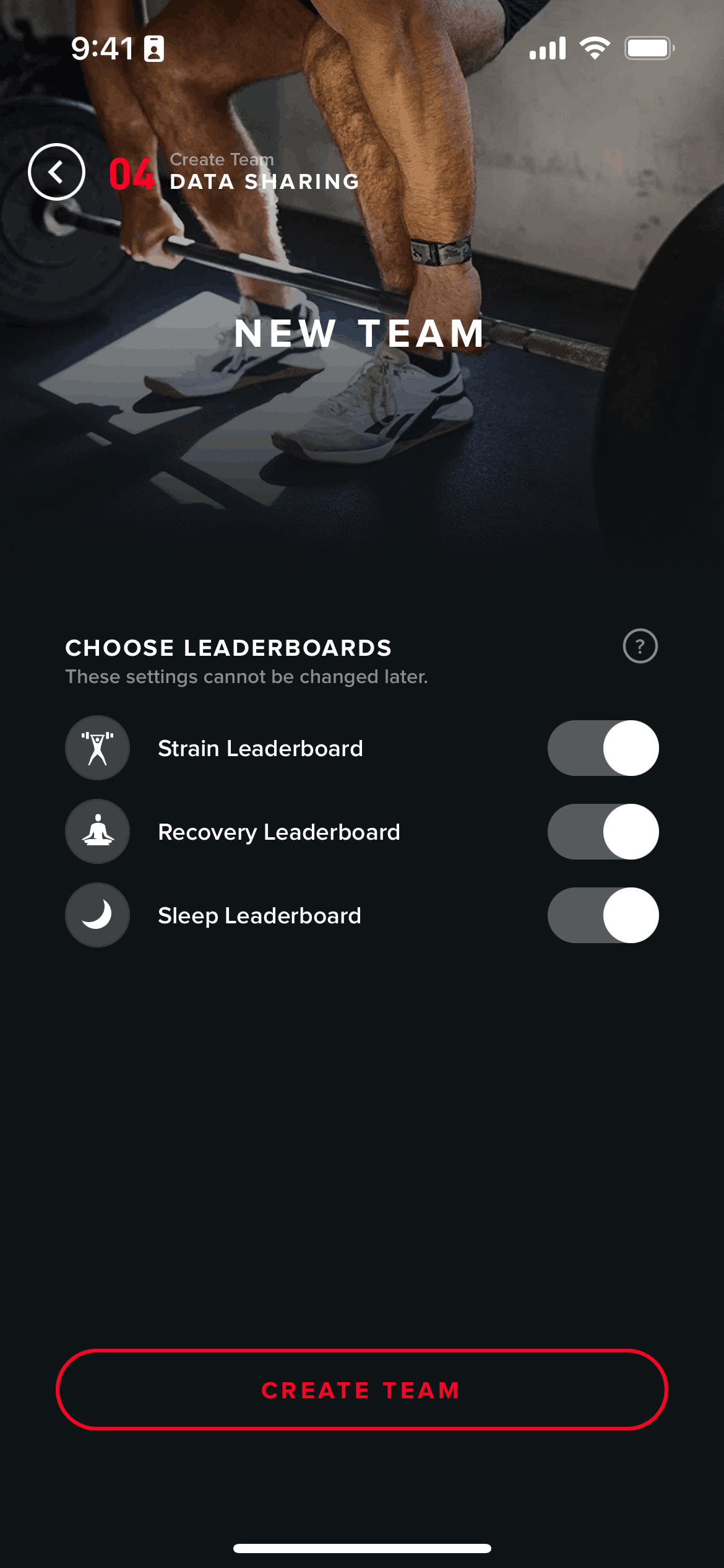 Creating a team on WHOOP (ios) screen 6