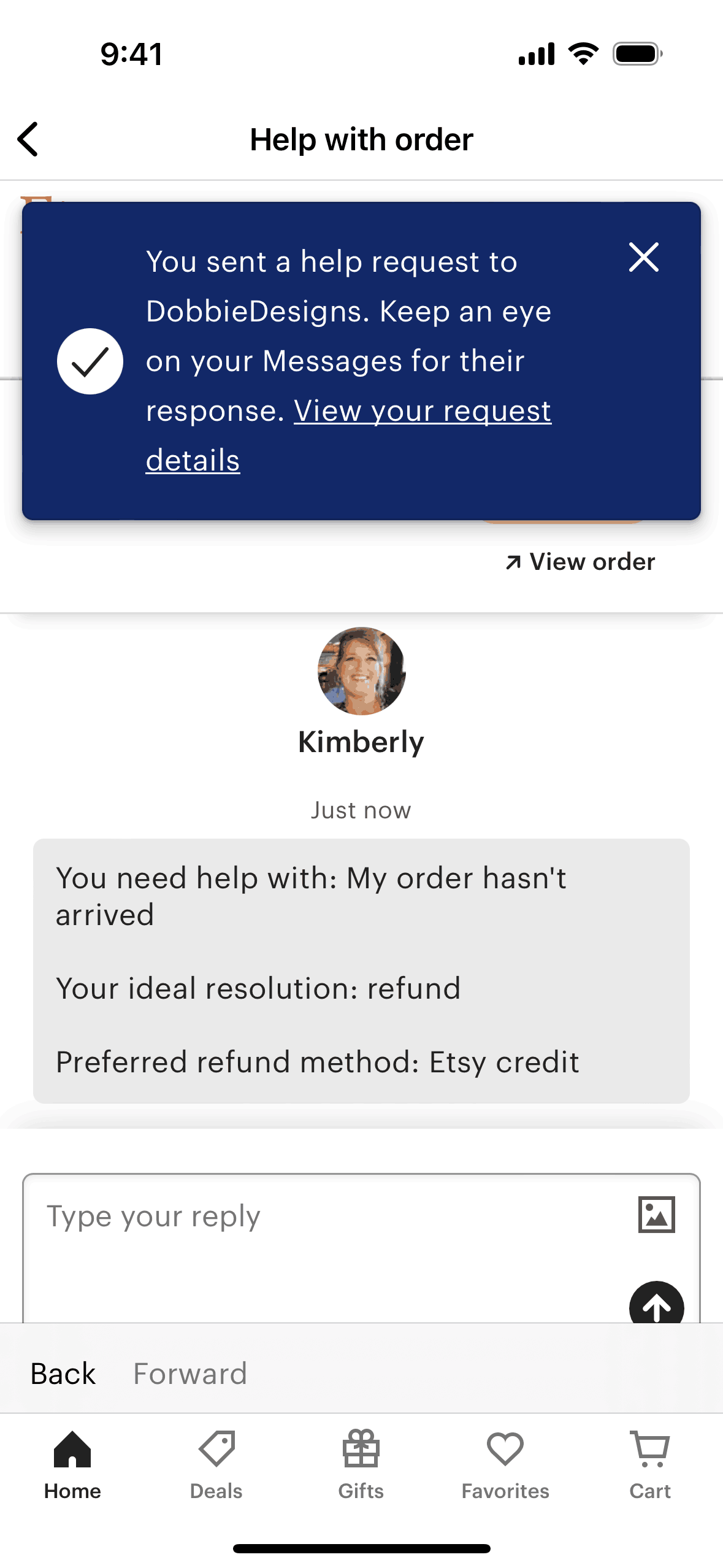 Sending a help request on Etsy (ios) screen 8