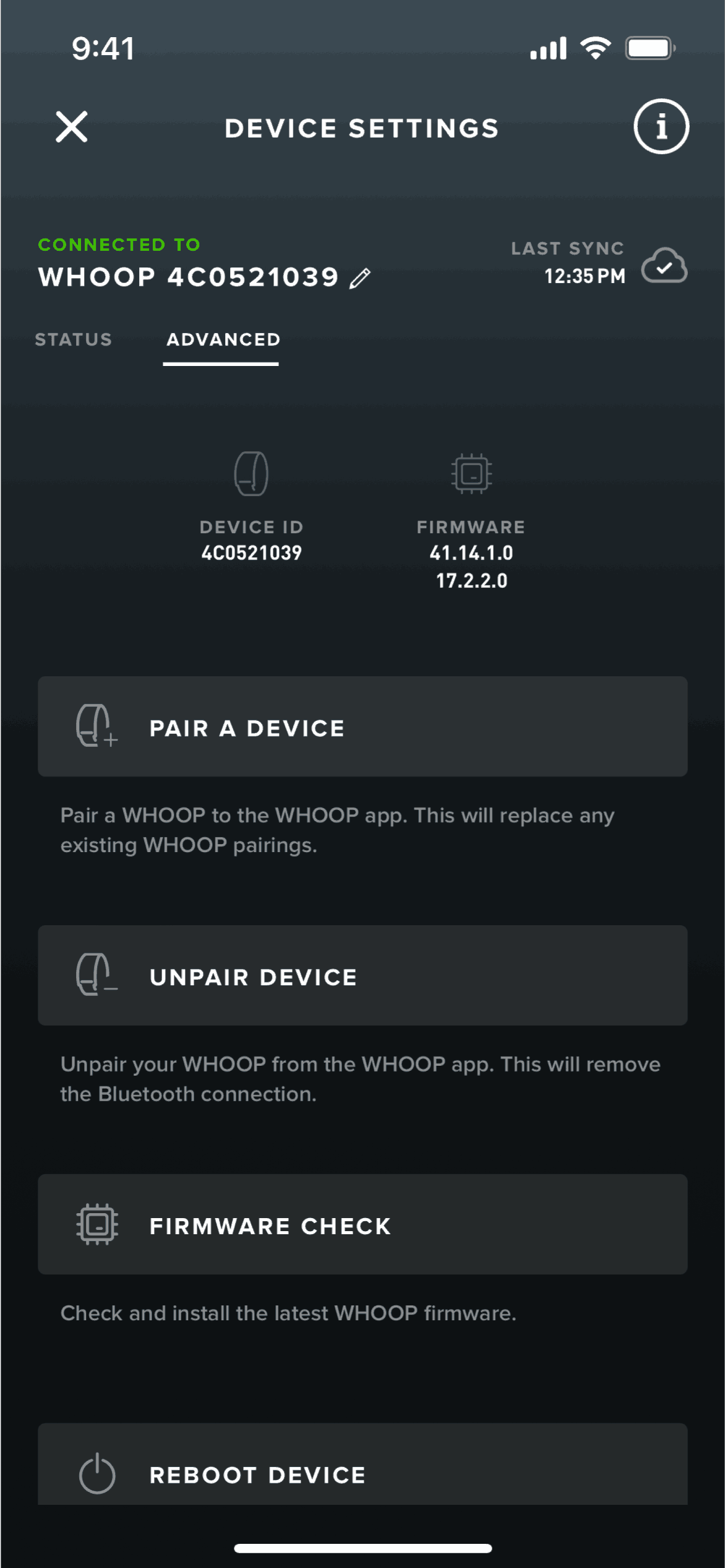 Device settings on WHOOP (ios) screen 4
