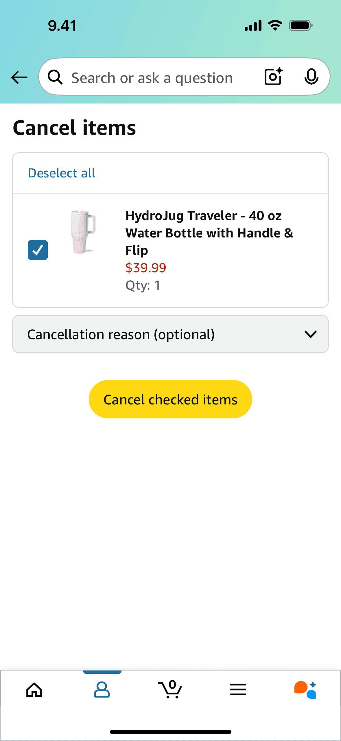 Canceling an order on Amazon Shopping (ios) screen 2