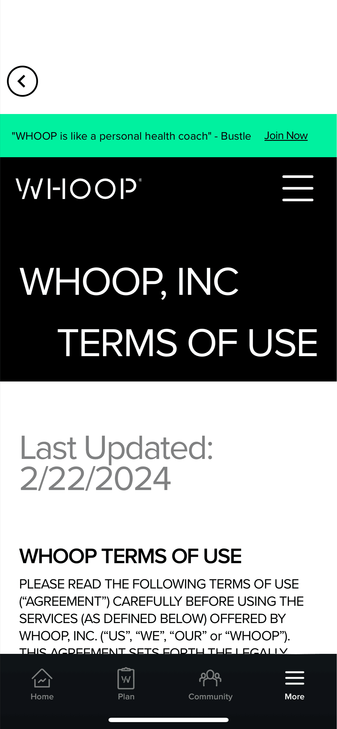Terms of use on WHOOP (ios) screen 2