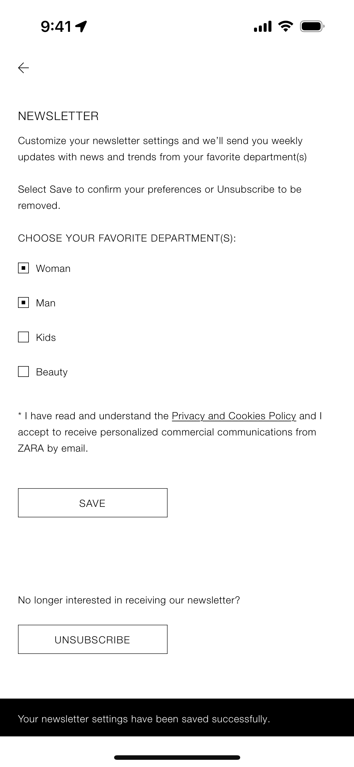 Changing newsletter settings on ZARA (ios) screen 4