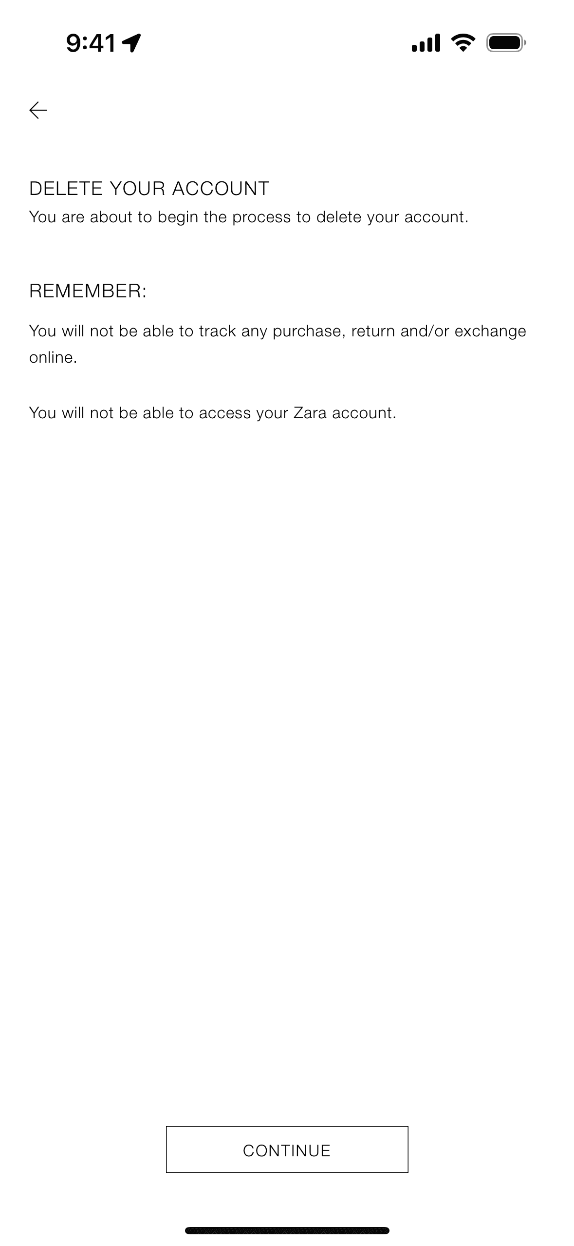 Deleting an account on ZARA (ios) screen 2