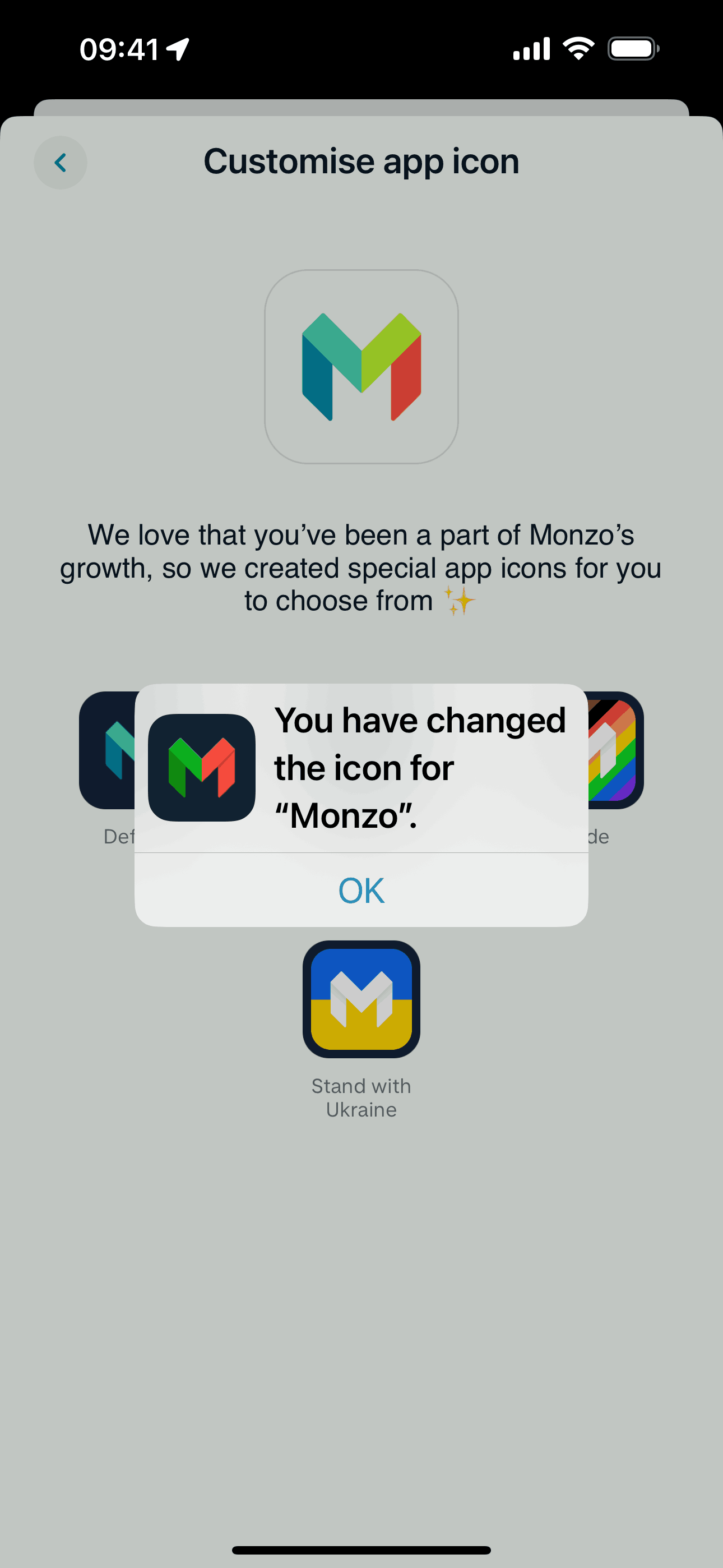 Changing app icon on Monzo (ios) screen 3