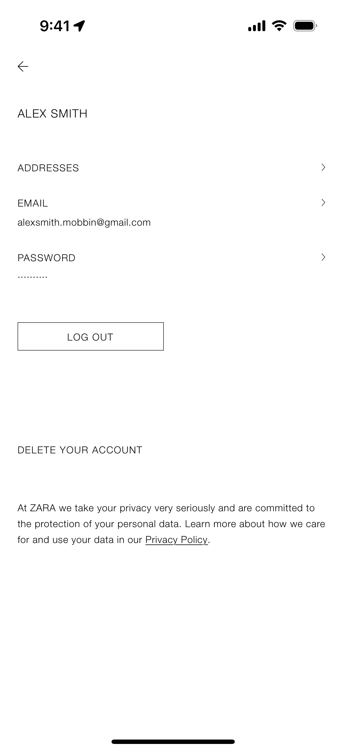 My profile on ZARA (ios) screen 2