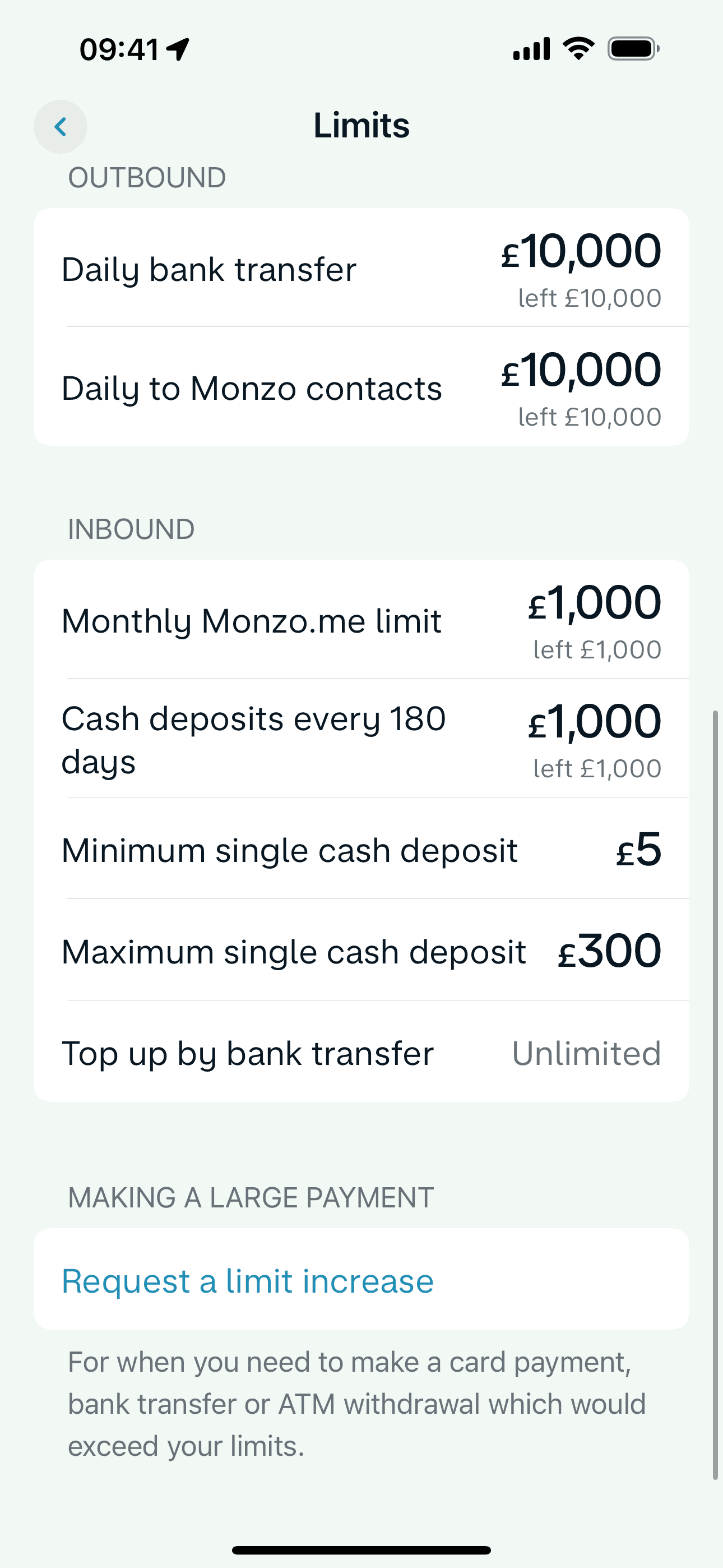 Limits on Monzo (ios) screen 3