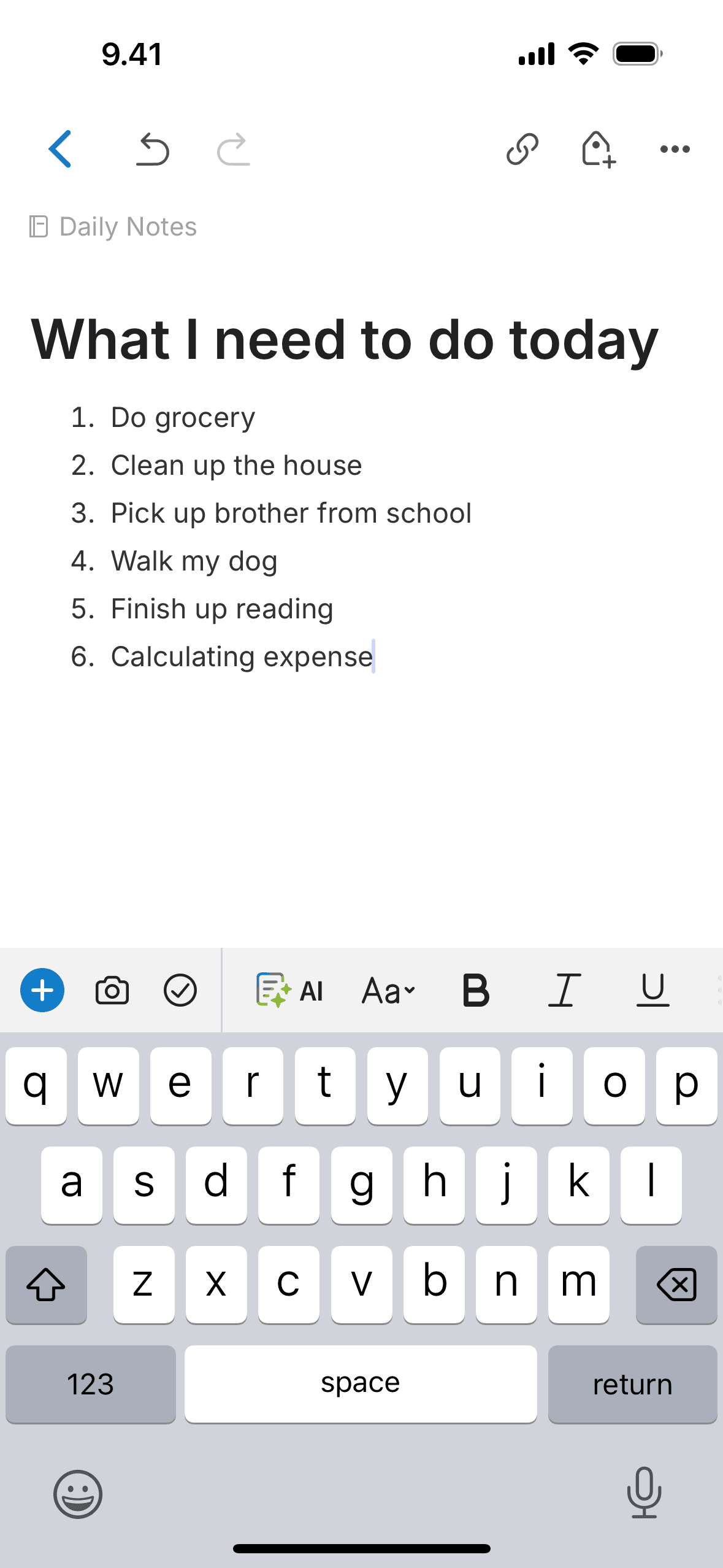 Creating a new note on Evernote (ios) screen 5
