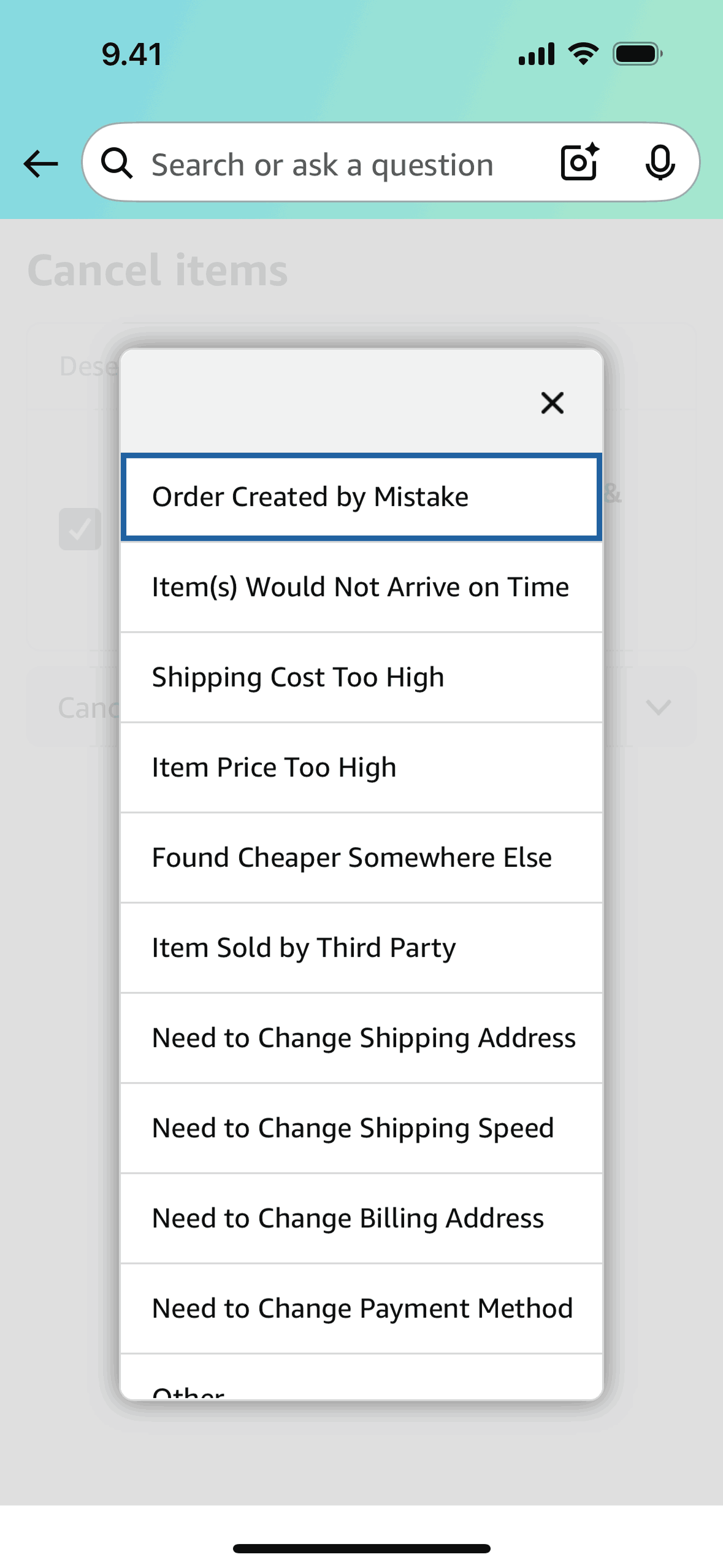 Canceling an order on Amazon Shopping (ios) screen 3