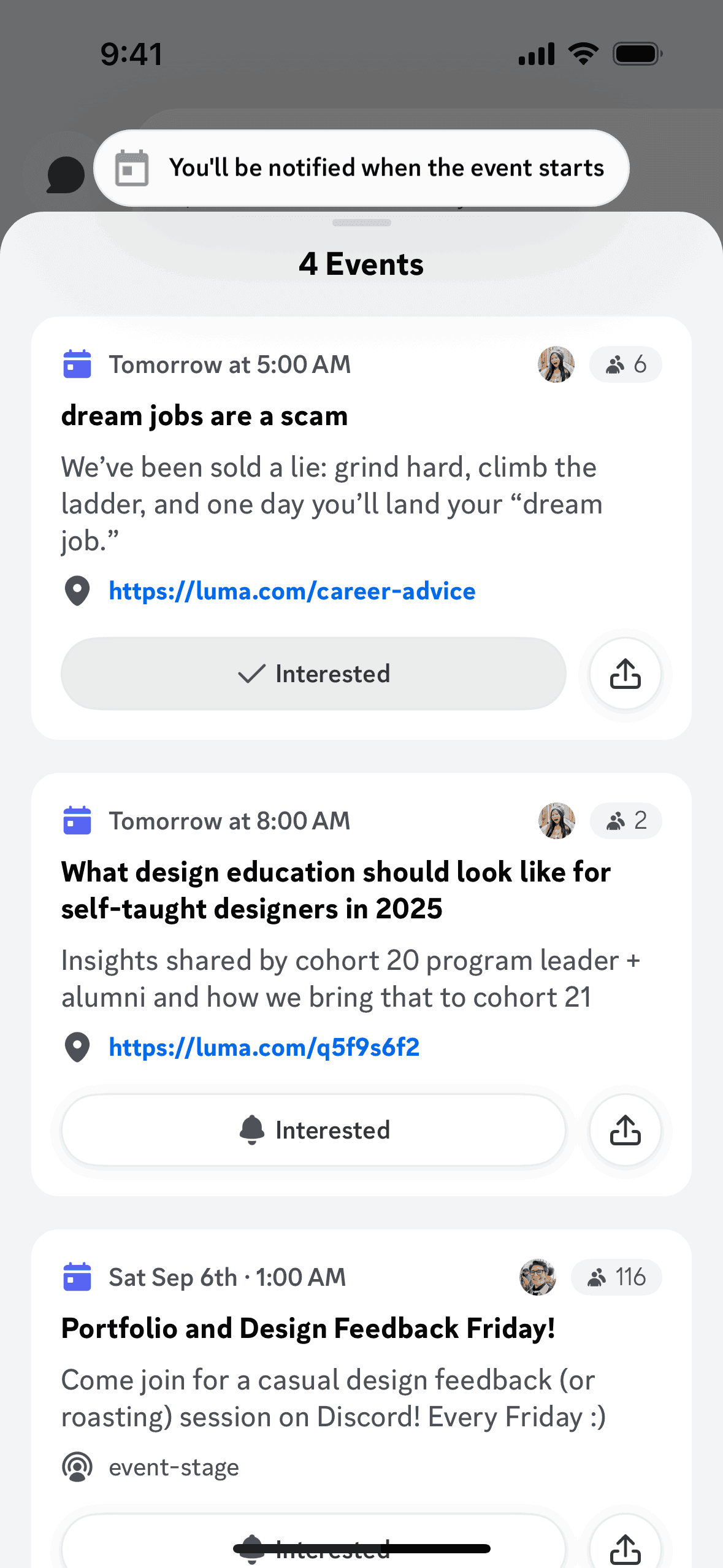 Marking an event as interested on Discord (ios) screen 2