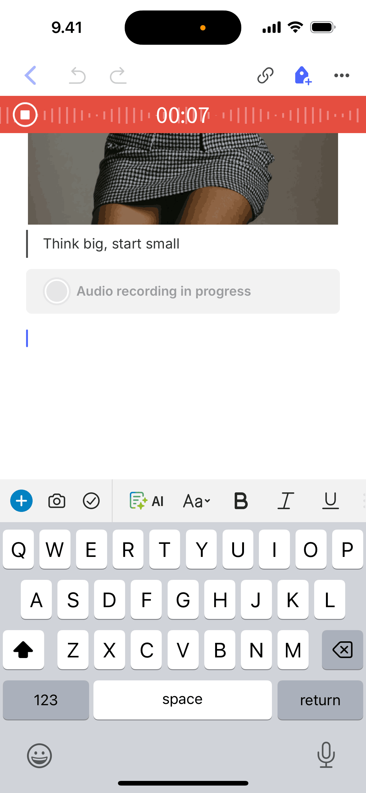 Recording an audio on Evernote (ios) screen 2