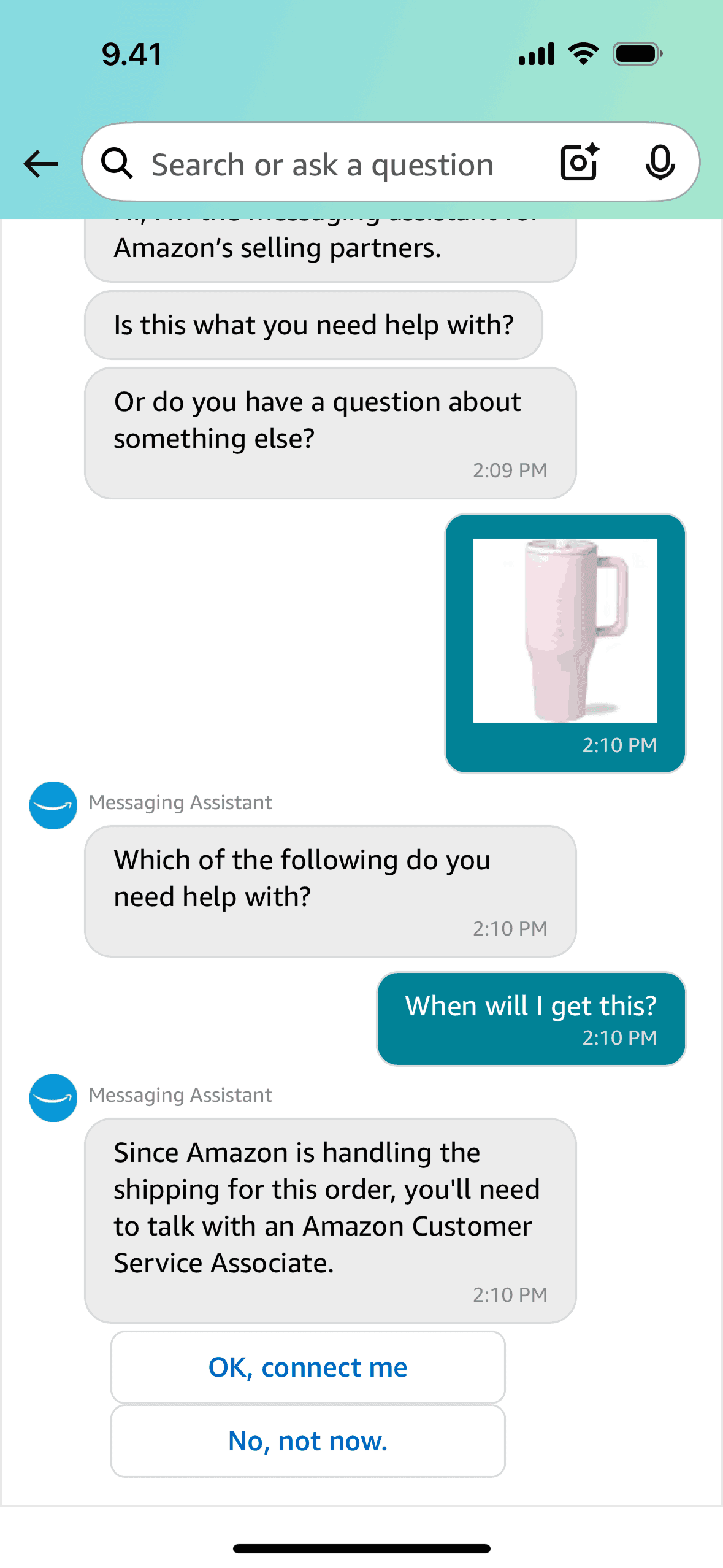 Asking a product question on Amazon Shopping (ios) screen 4