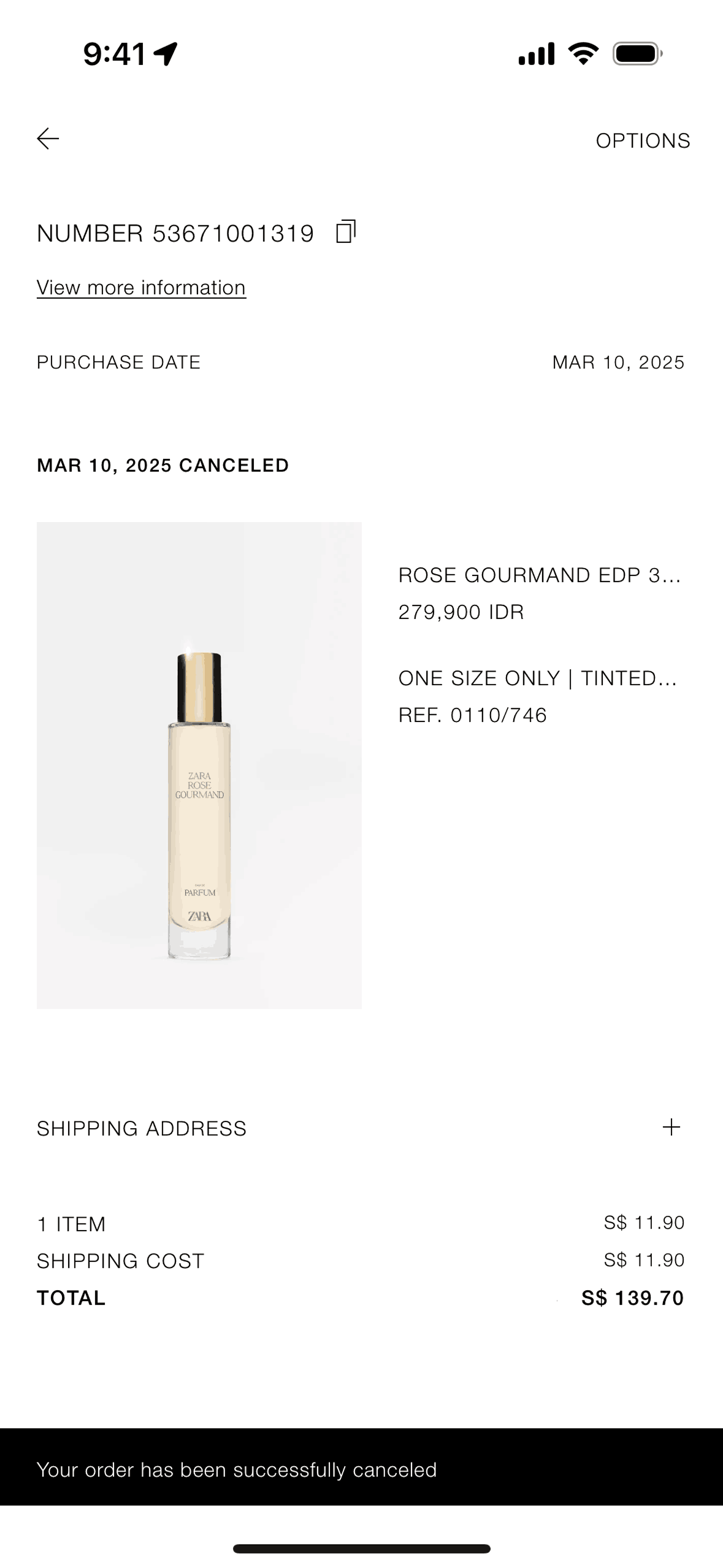 Canceling an order on ZARA (ios) screen 6