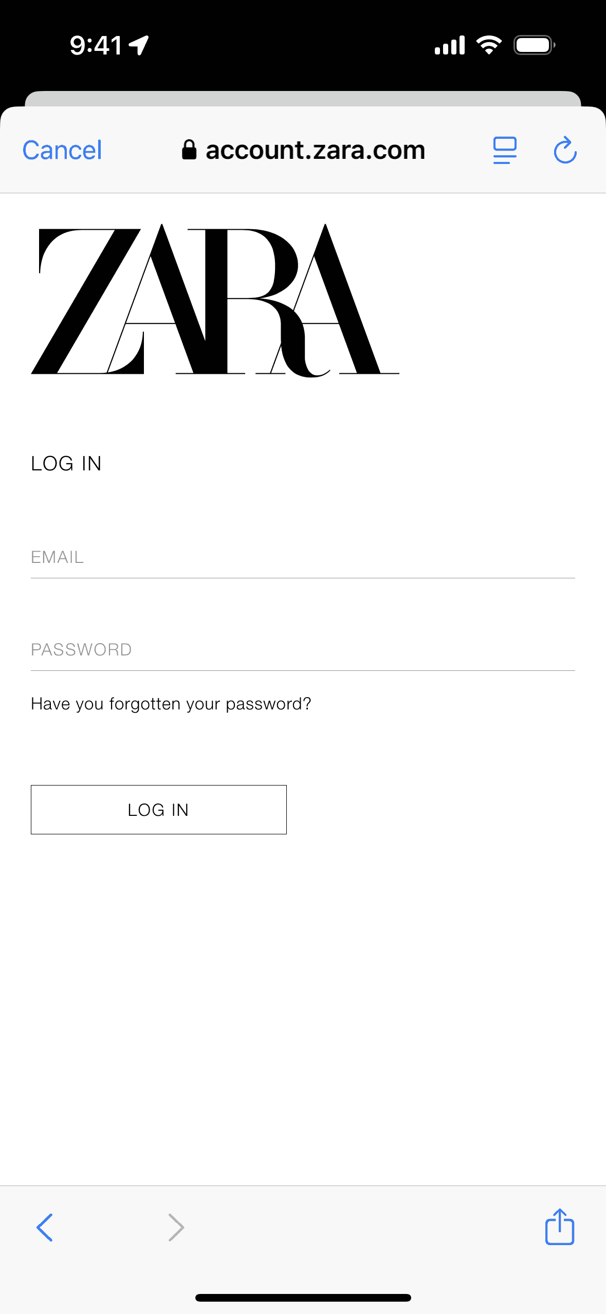 Logging in on ZARA (ios) screen 4