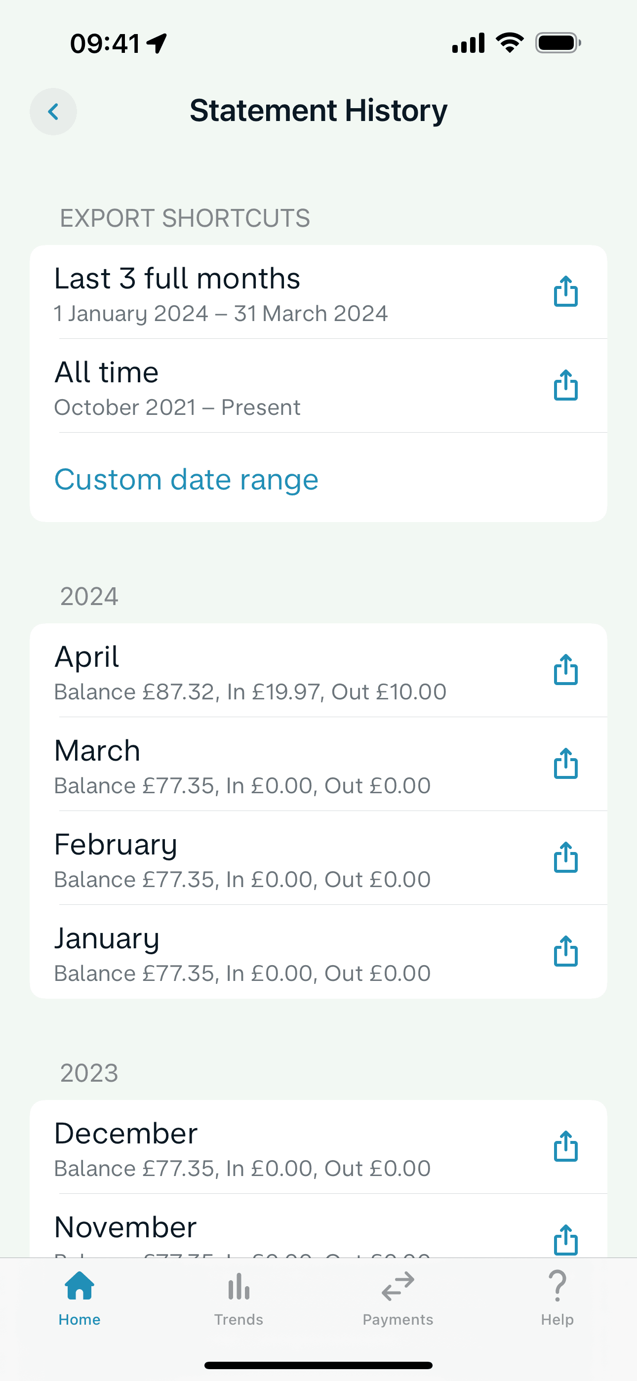 Bank statements on Monzo (ios) screen 2
