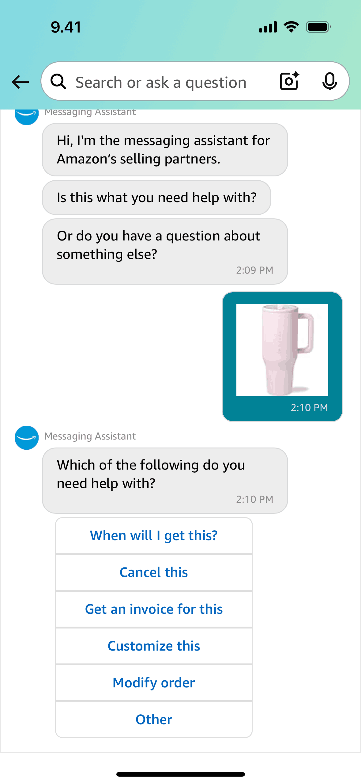 Asking a product question on Amazon Shopping (ios) screen 3