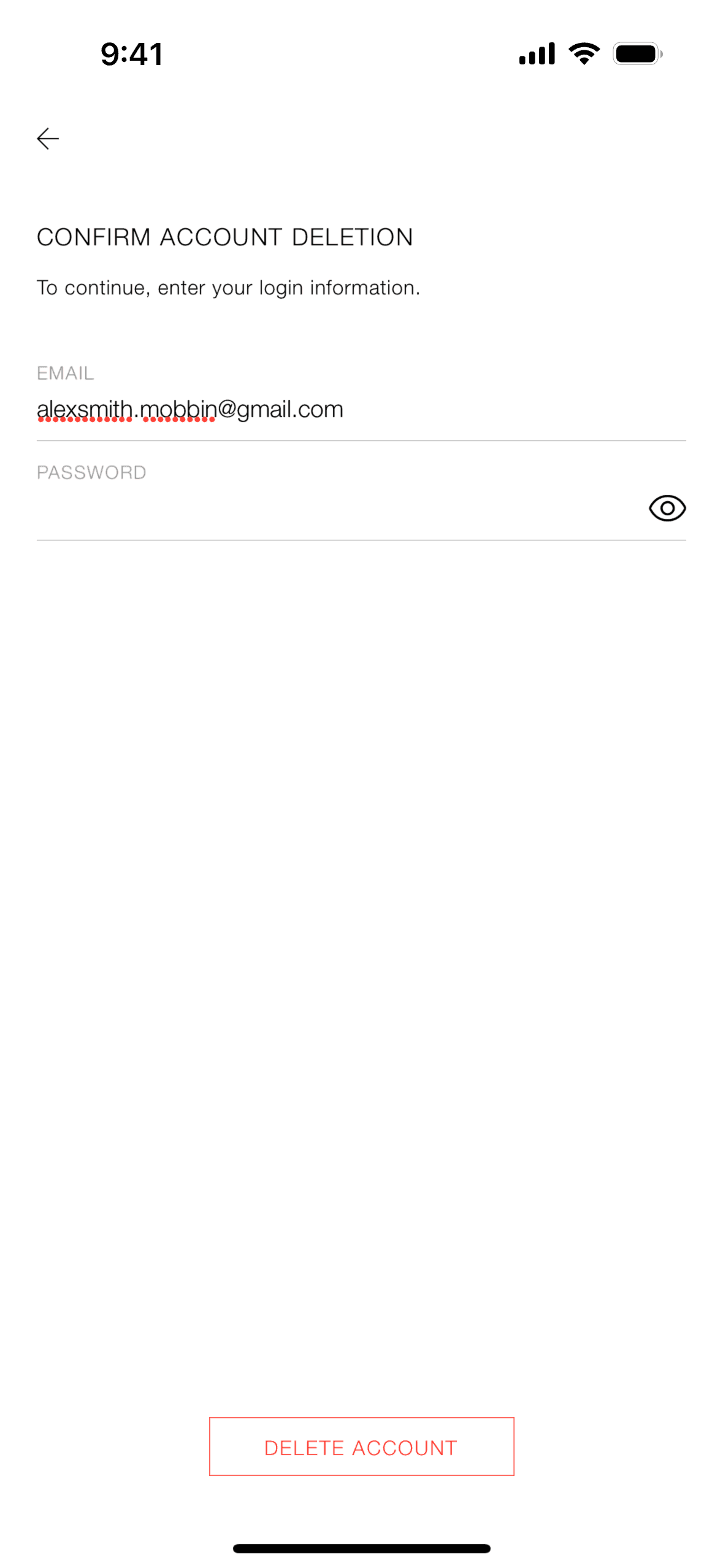 Deleting an account on ZARA (ios) screen 4