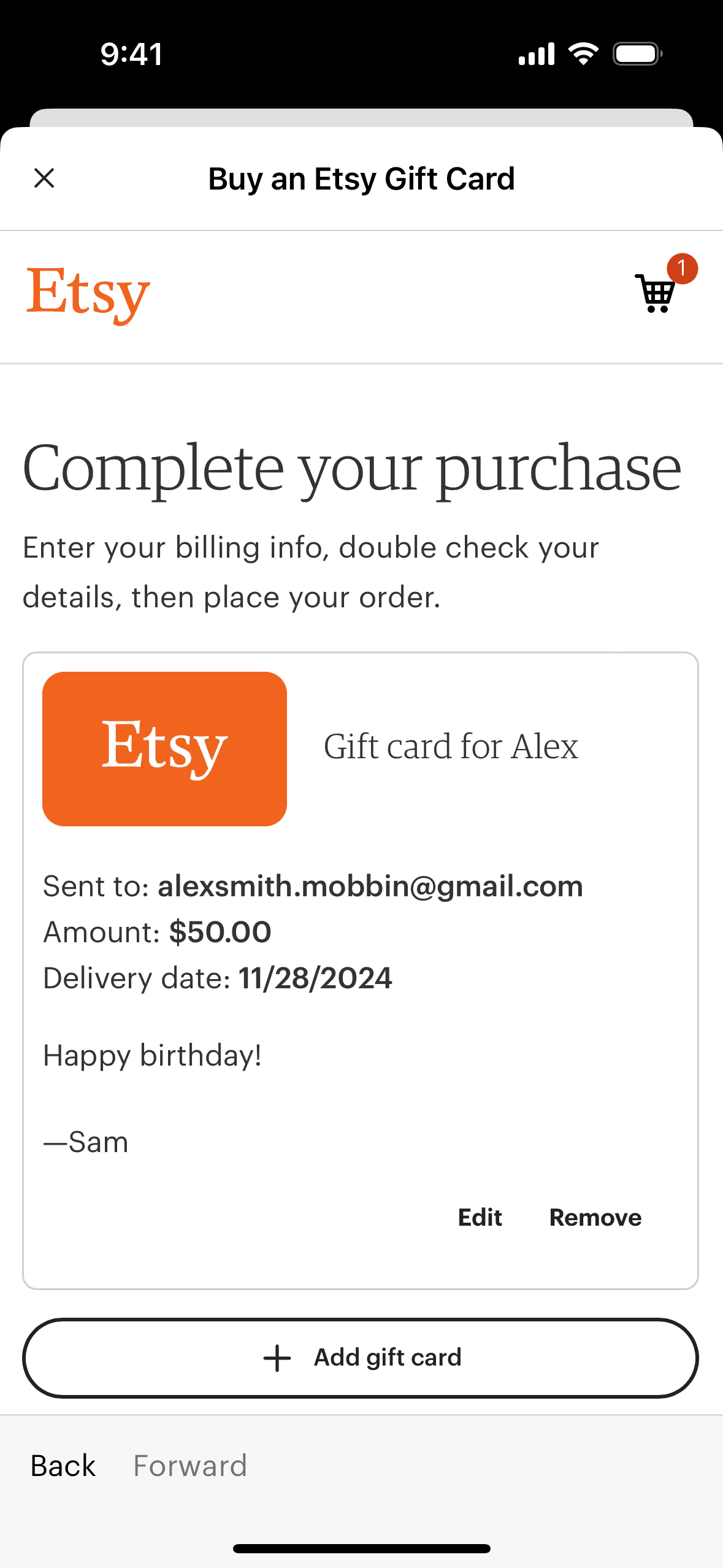 Buy a gift card on Etsy (ios) screen 12