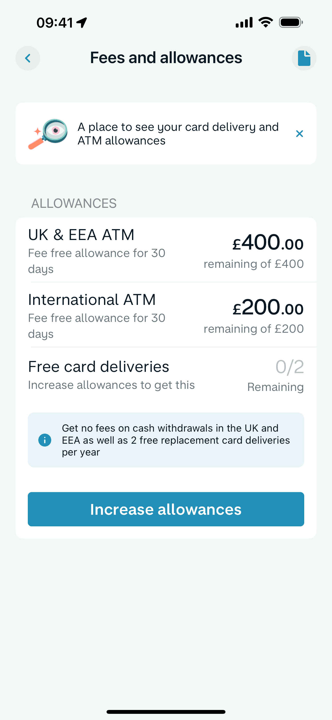 Fees and allowances on Monzo (ios) screen 2