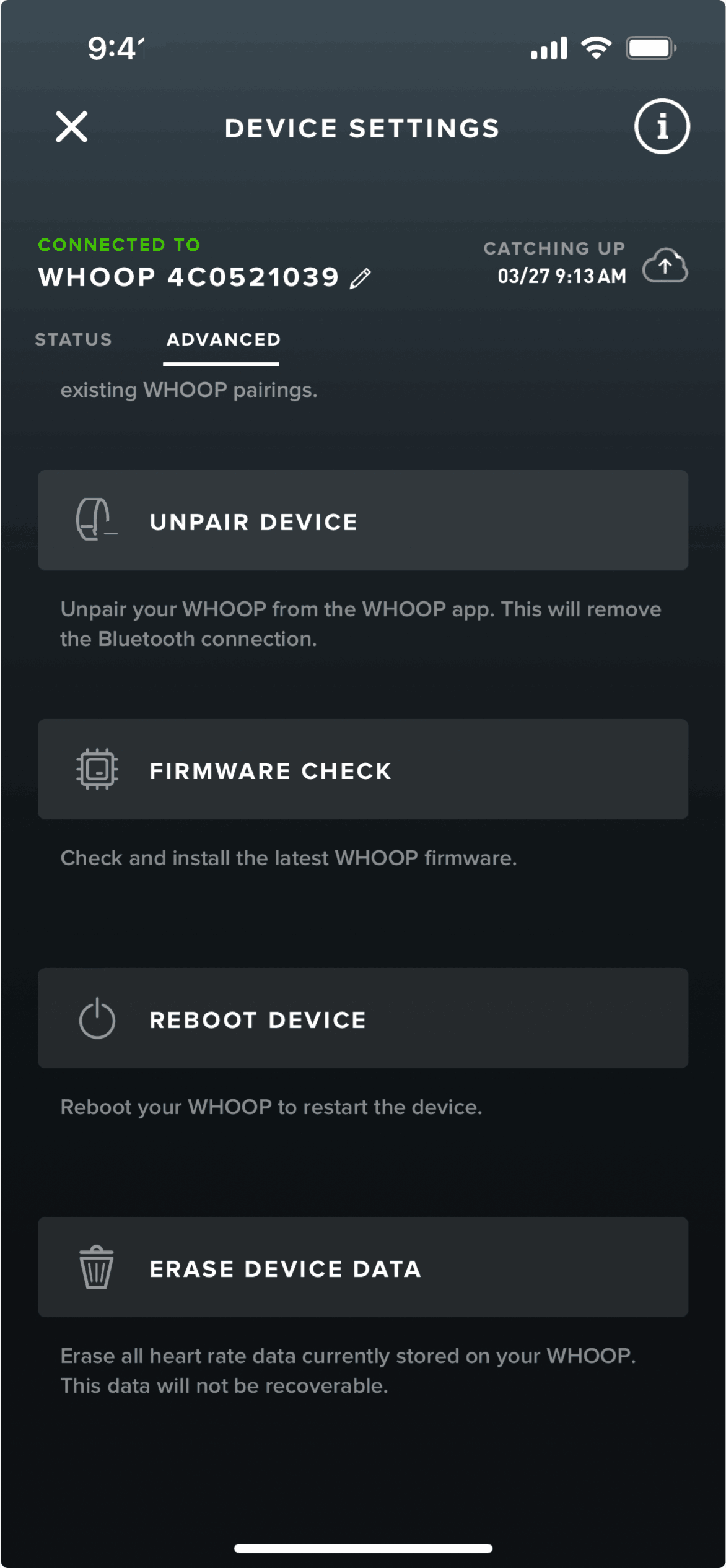 Device settings on WHOOP (ios) screen 5