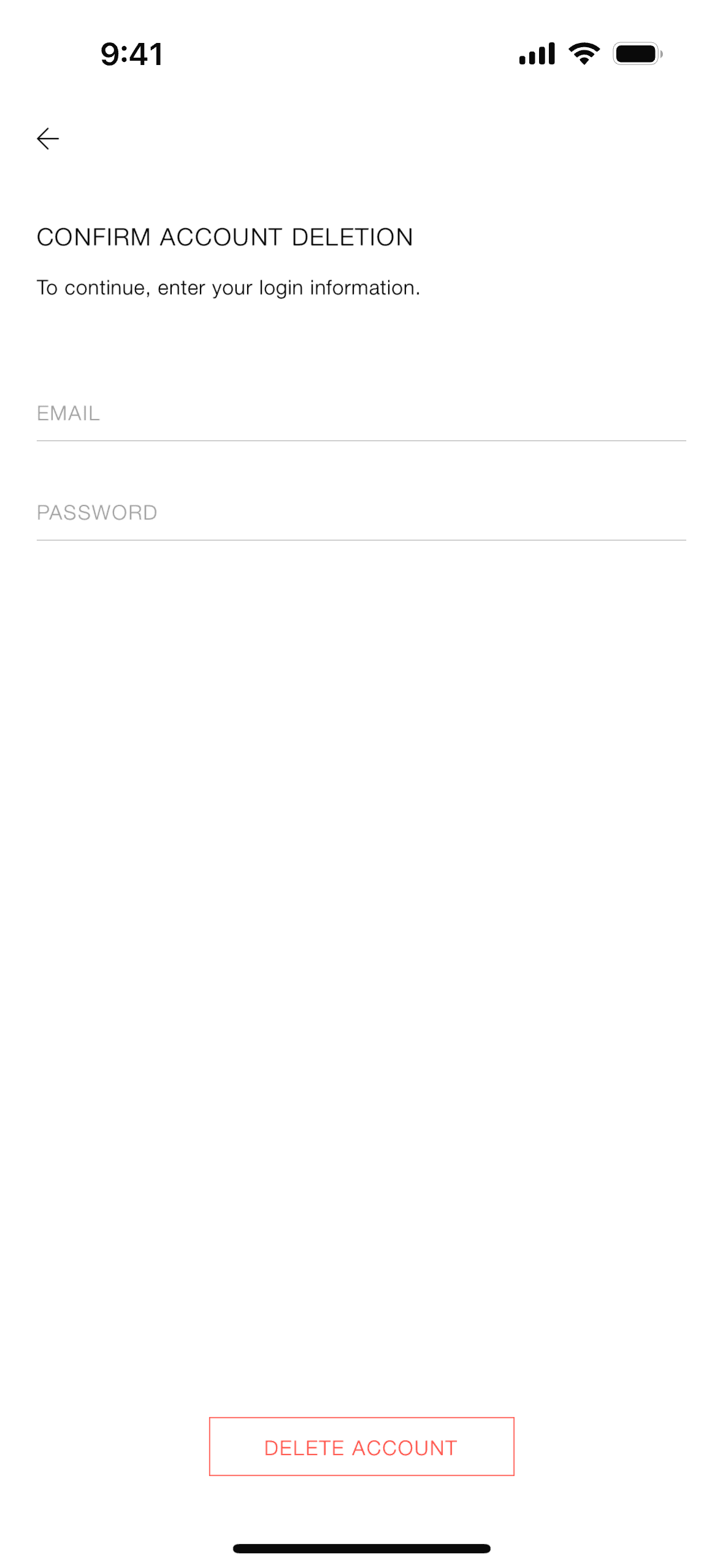 Deleting an account on ZARA (ios) screen 3