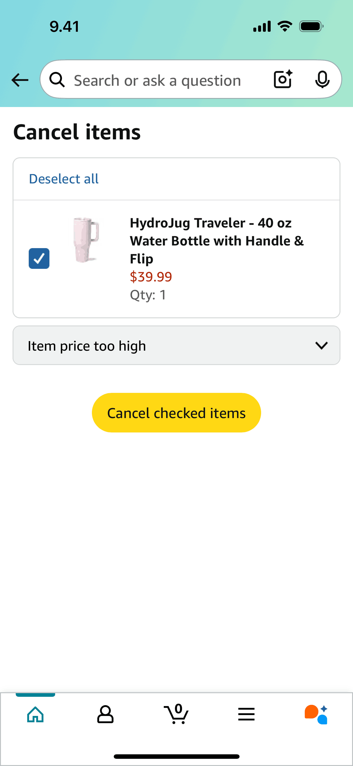 Canceling an order on Amazon Shopping (ios) screen 4