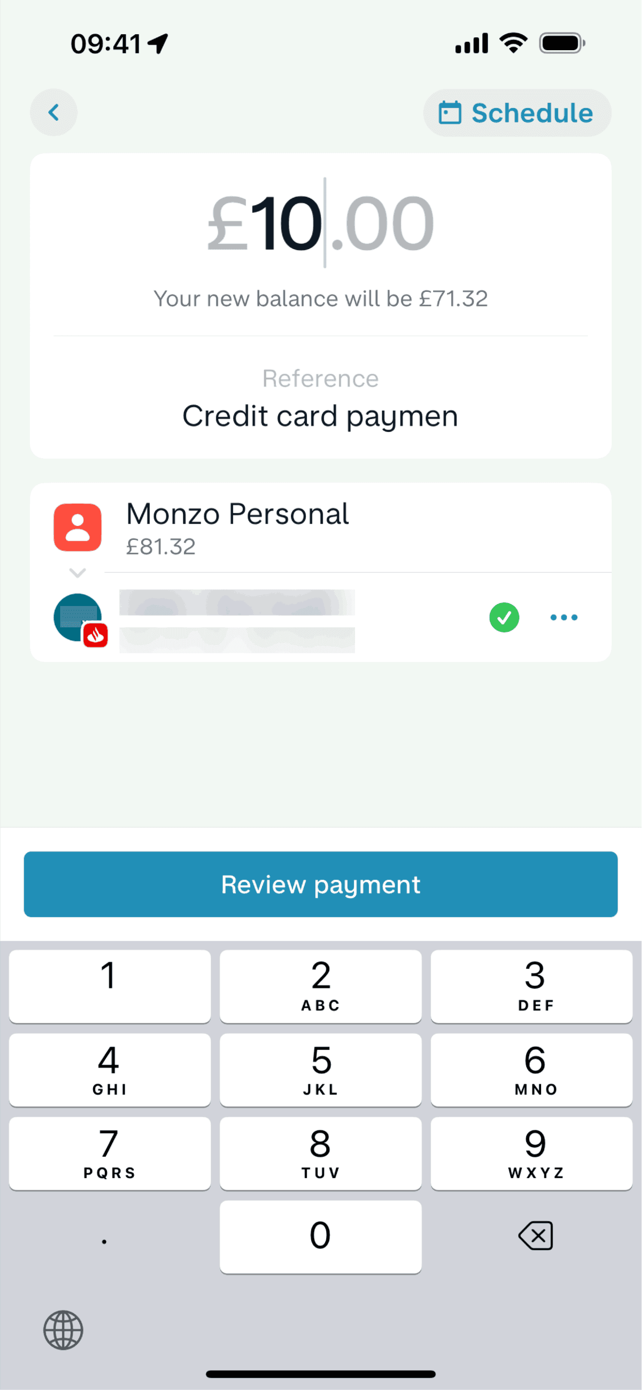 Making a bank transfer on Monzo (ios) screen 8