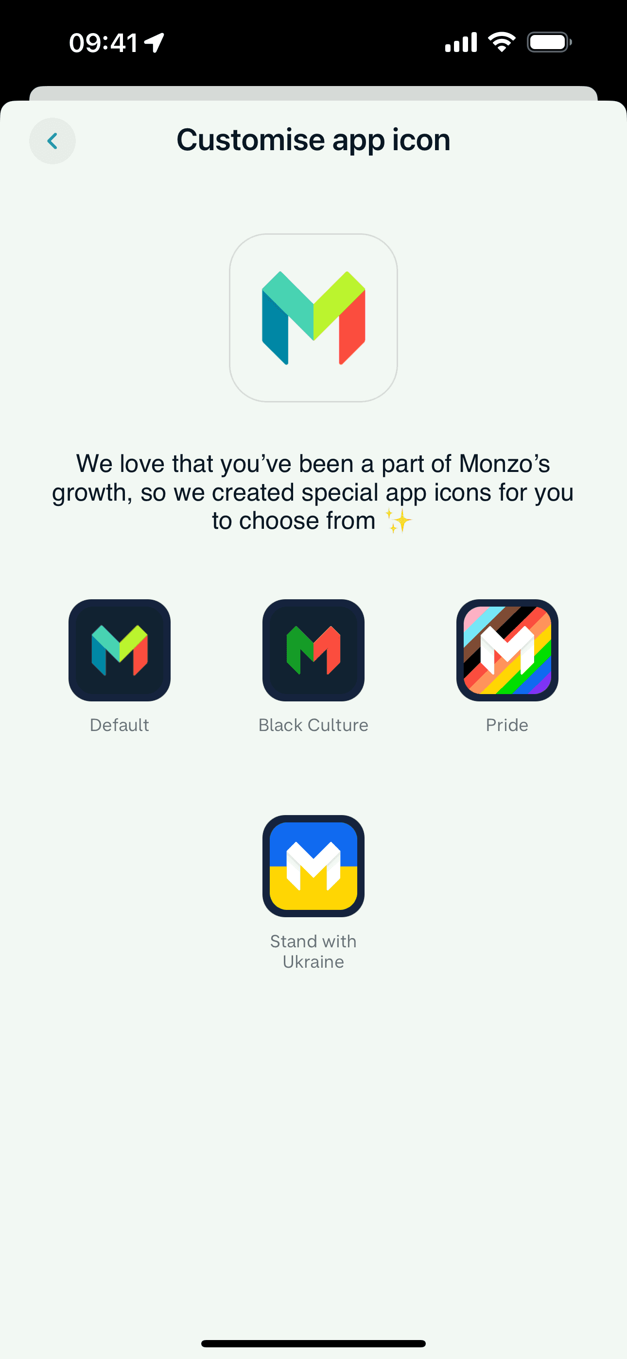 Changing app icon on Monzo (ios) screen 2
