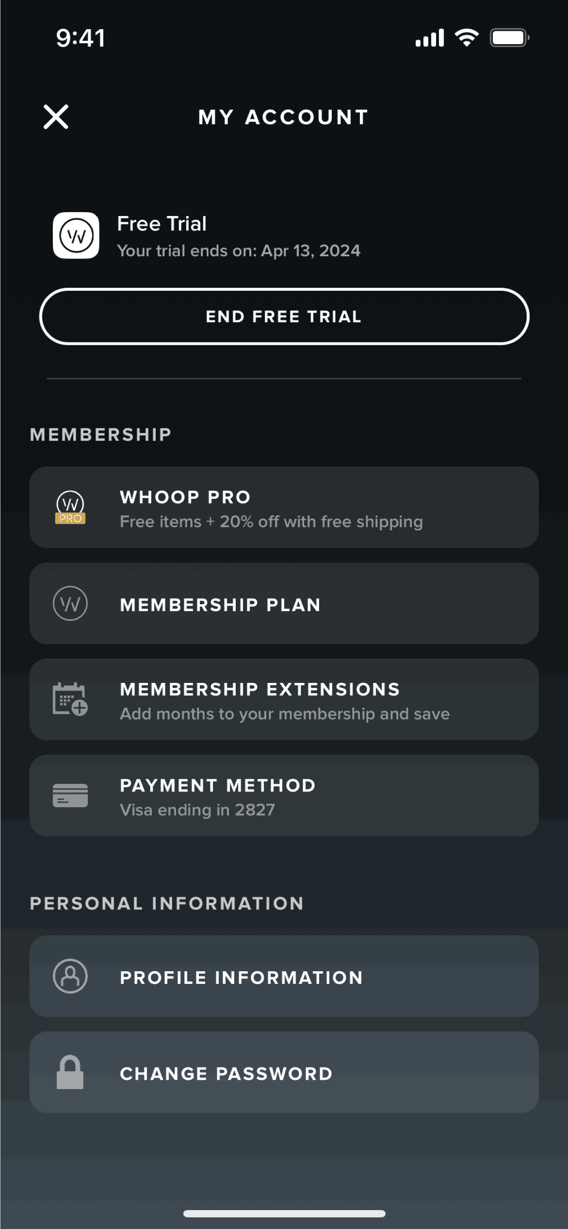 My account on WHOOP (ios) screen 2