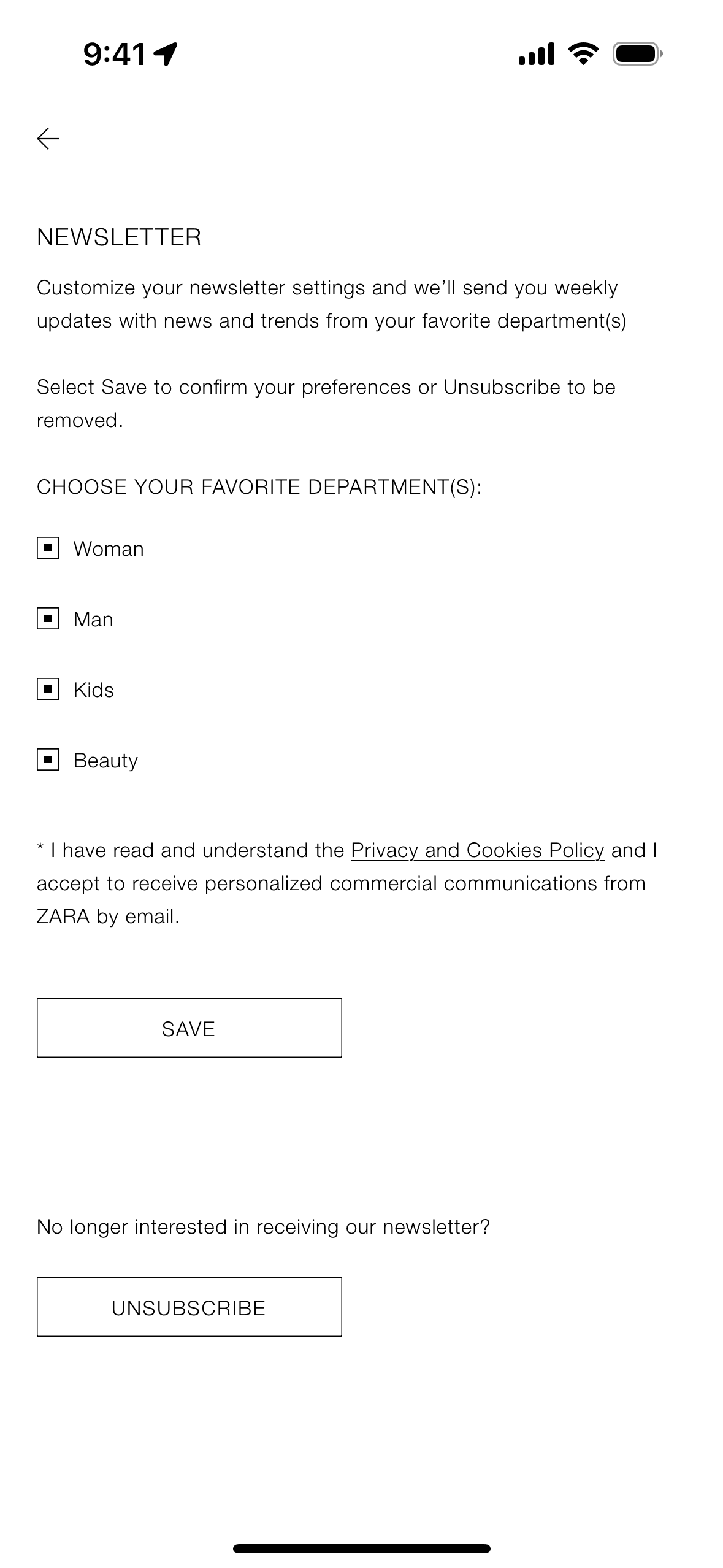 Changing newsletter settings on ZARA (ios) screen 2