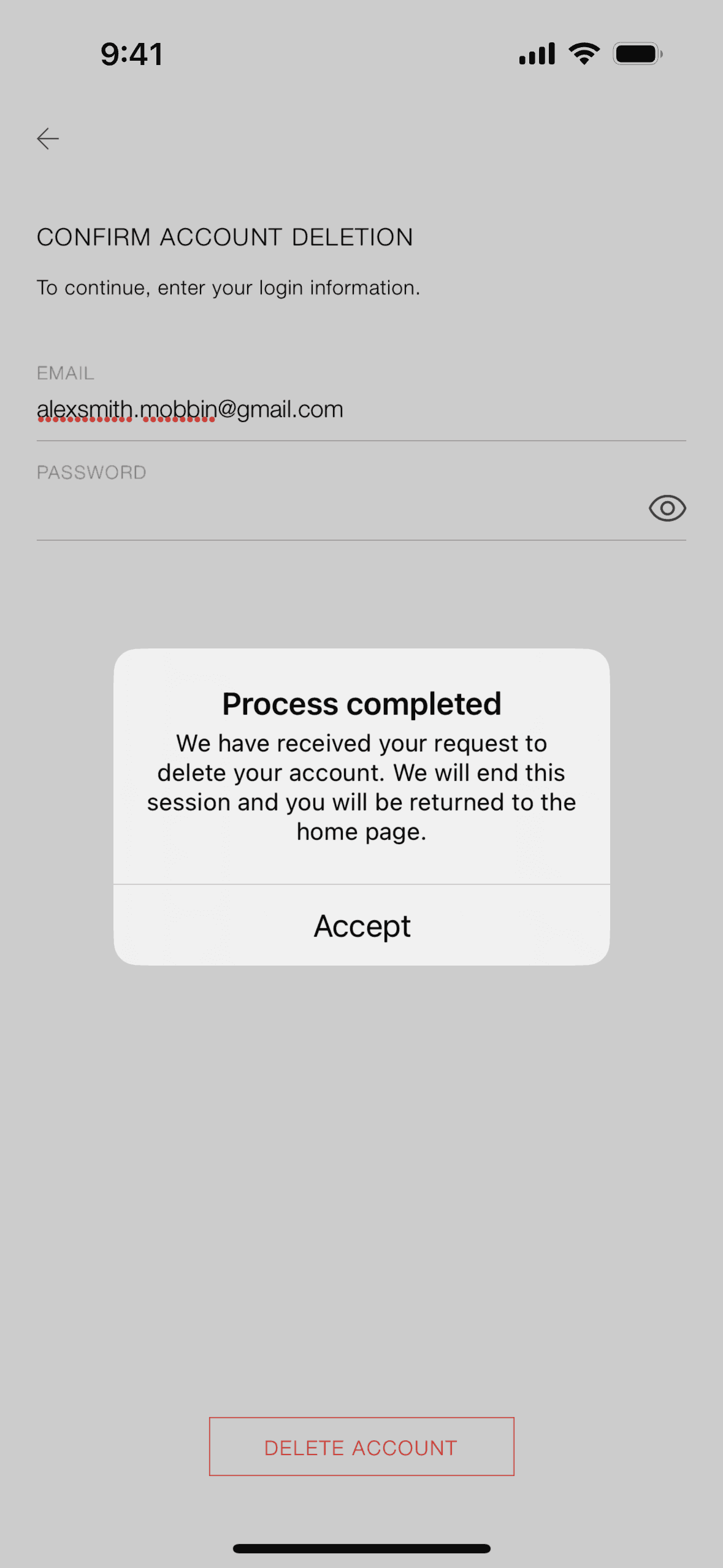 Deleting an account on ZARA (ios) screen 5
