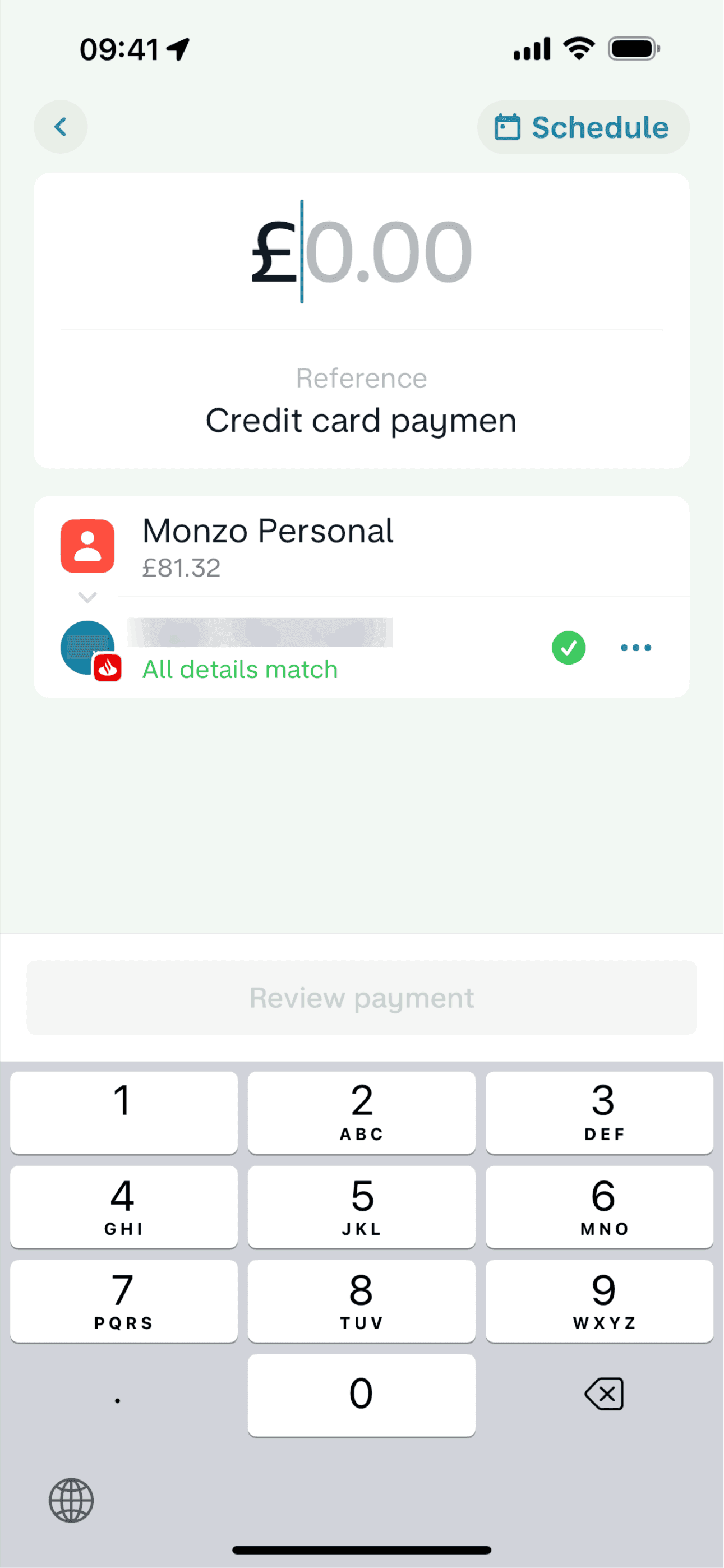 Making a bank transfer on Monzo (ios) screen 7