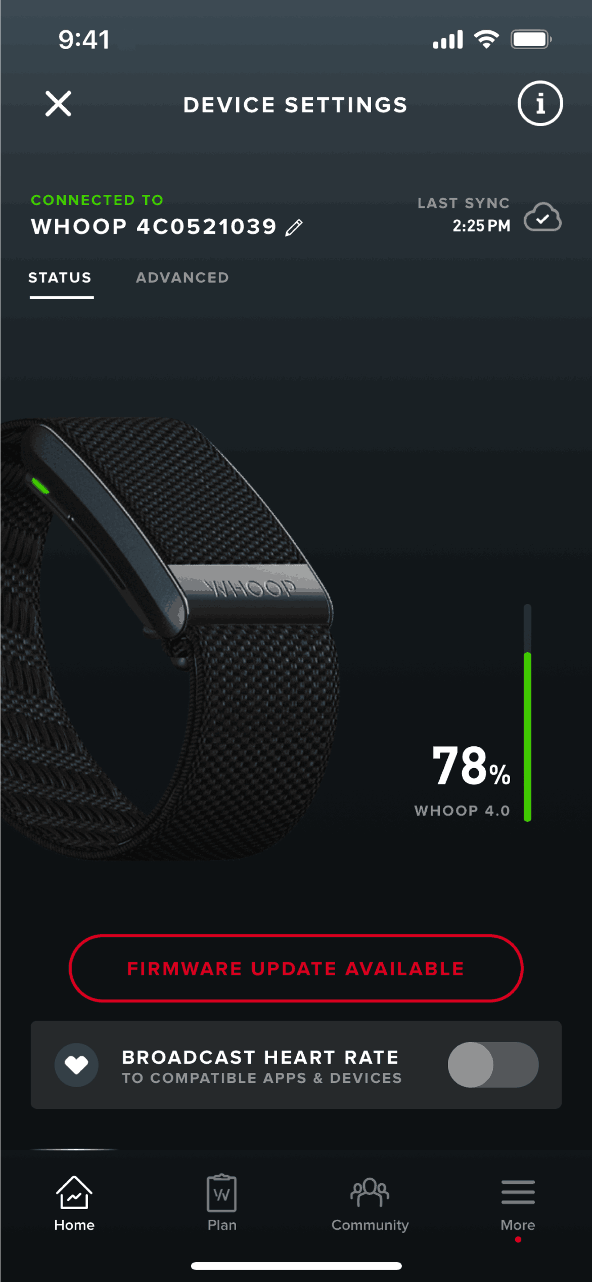 Device settings on WHOOP (ios) screen 2