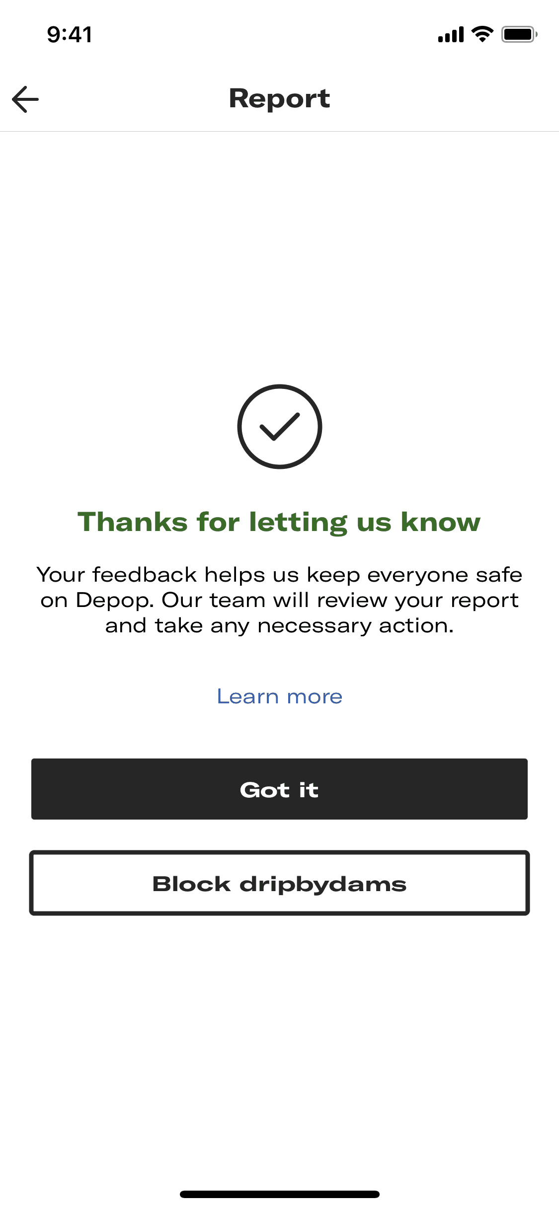 Reporting a product listing on Depop (ios) screen 5