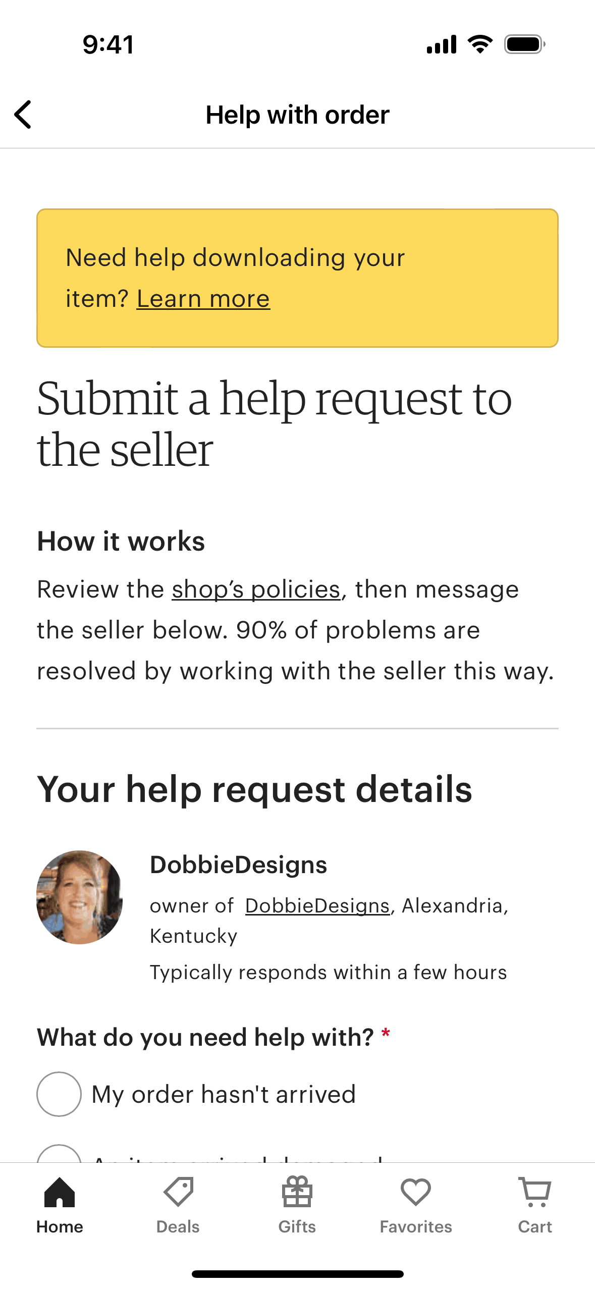 Sending a help request on Etsy (ios) screen 2