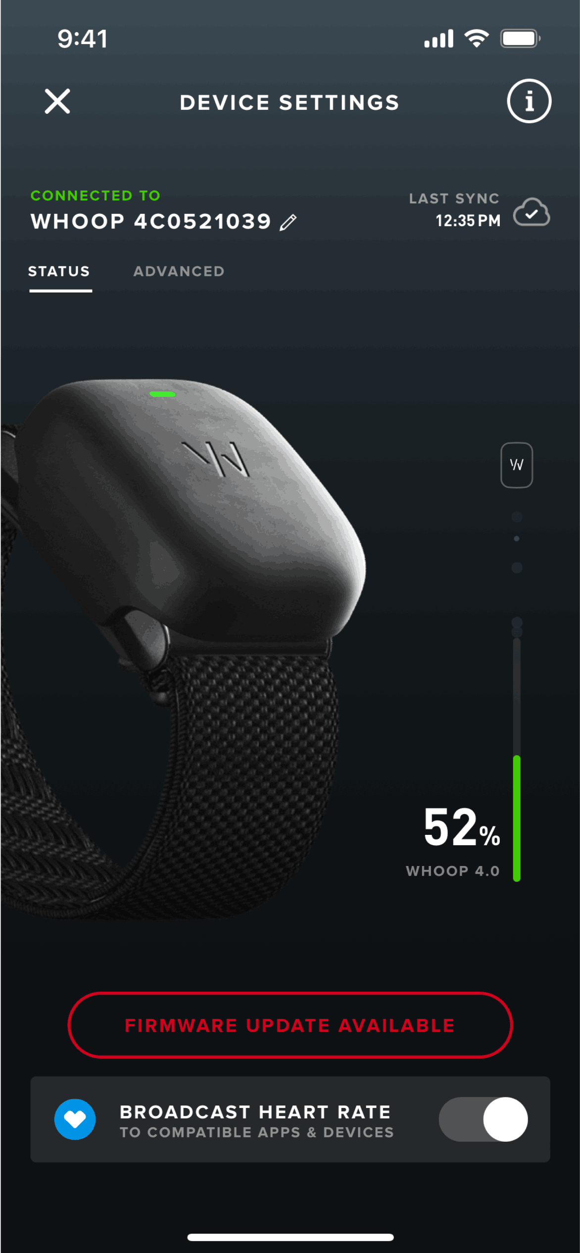 Device settings on WHOOP (ios) screen 3