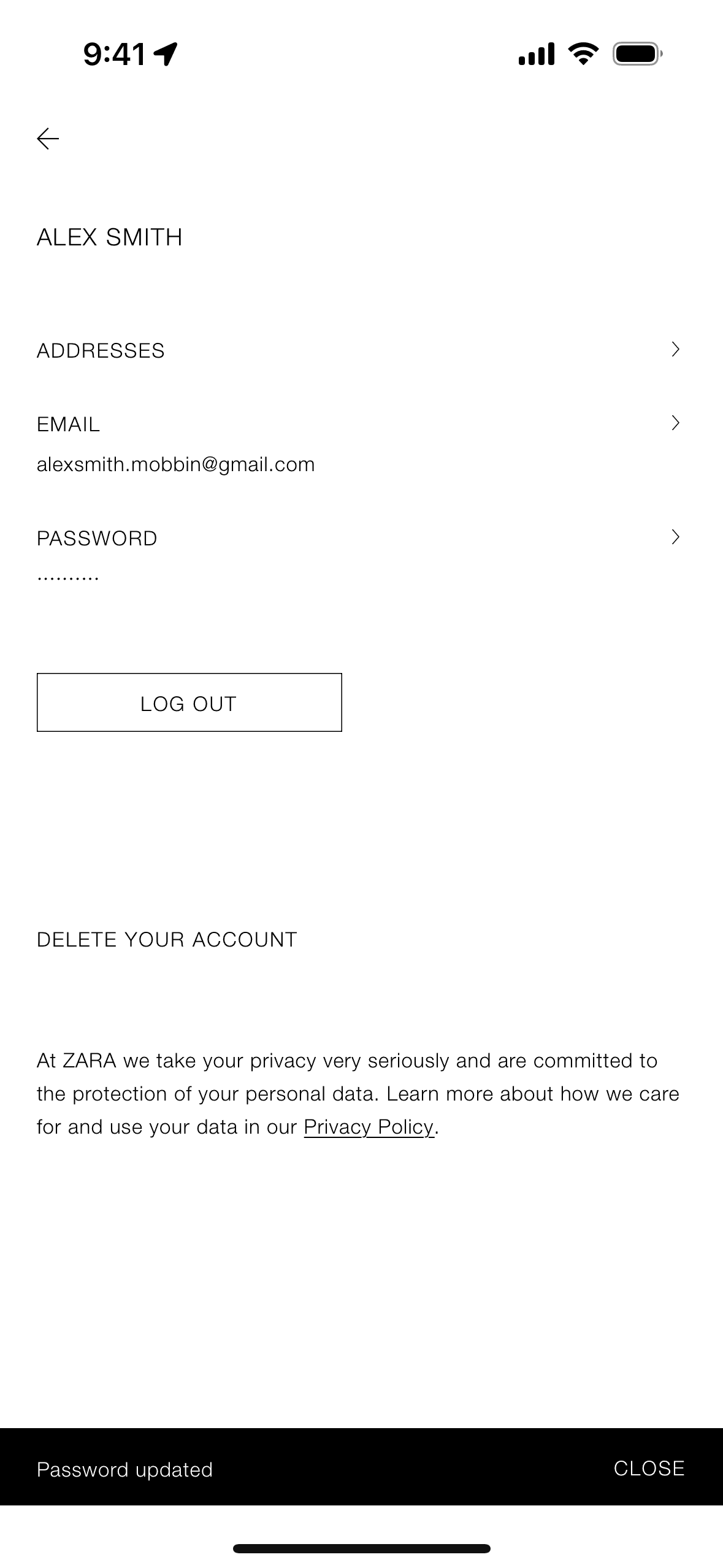 Changing a password on ZARA (ios) screen 4