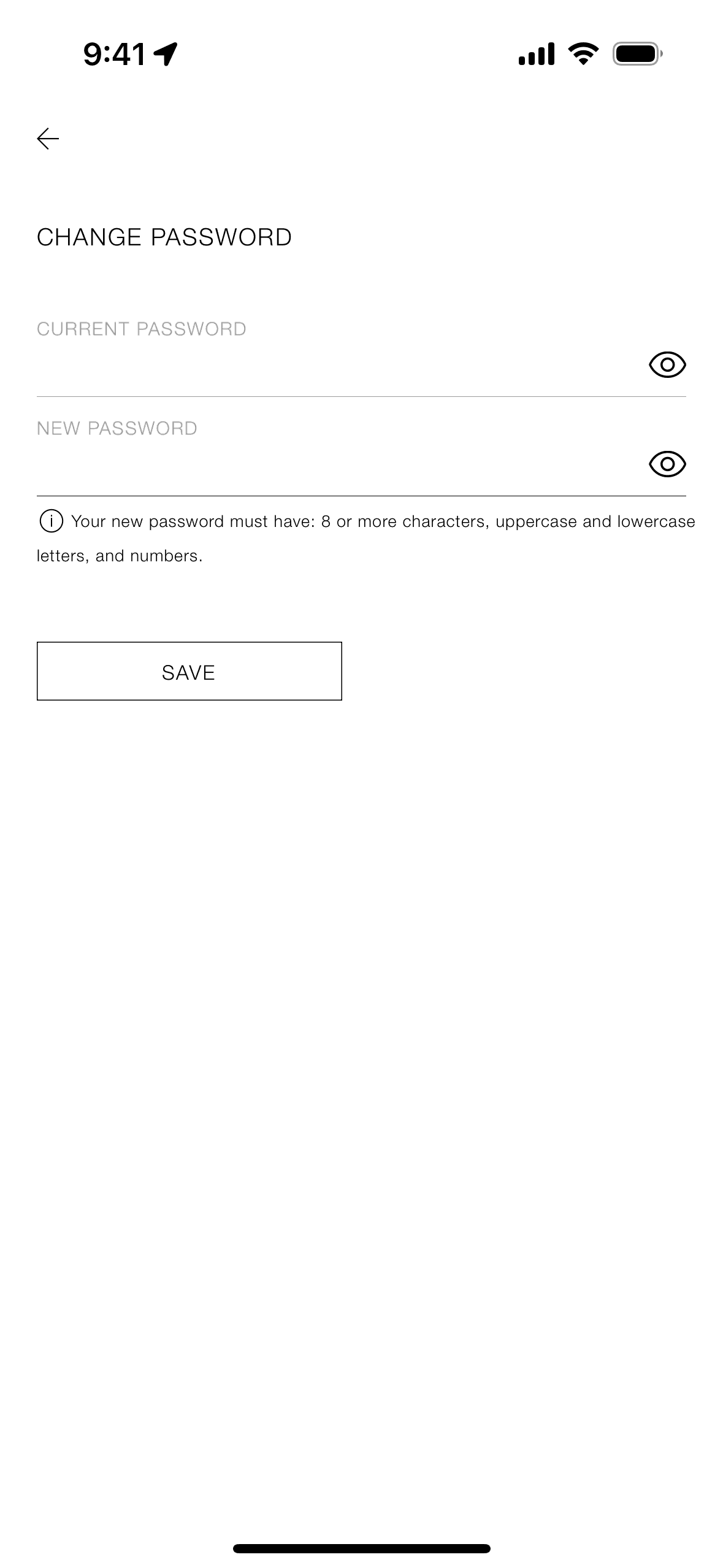 Changing a password on ZARA (ios) screen 3