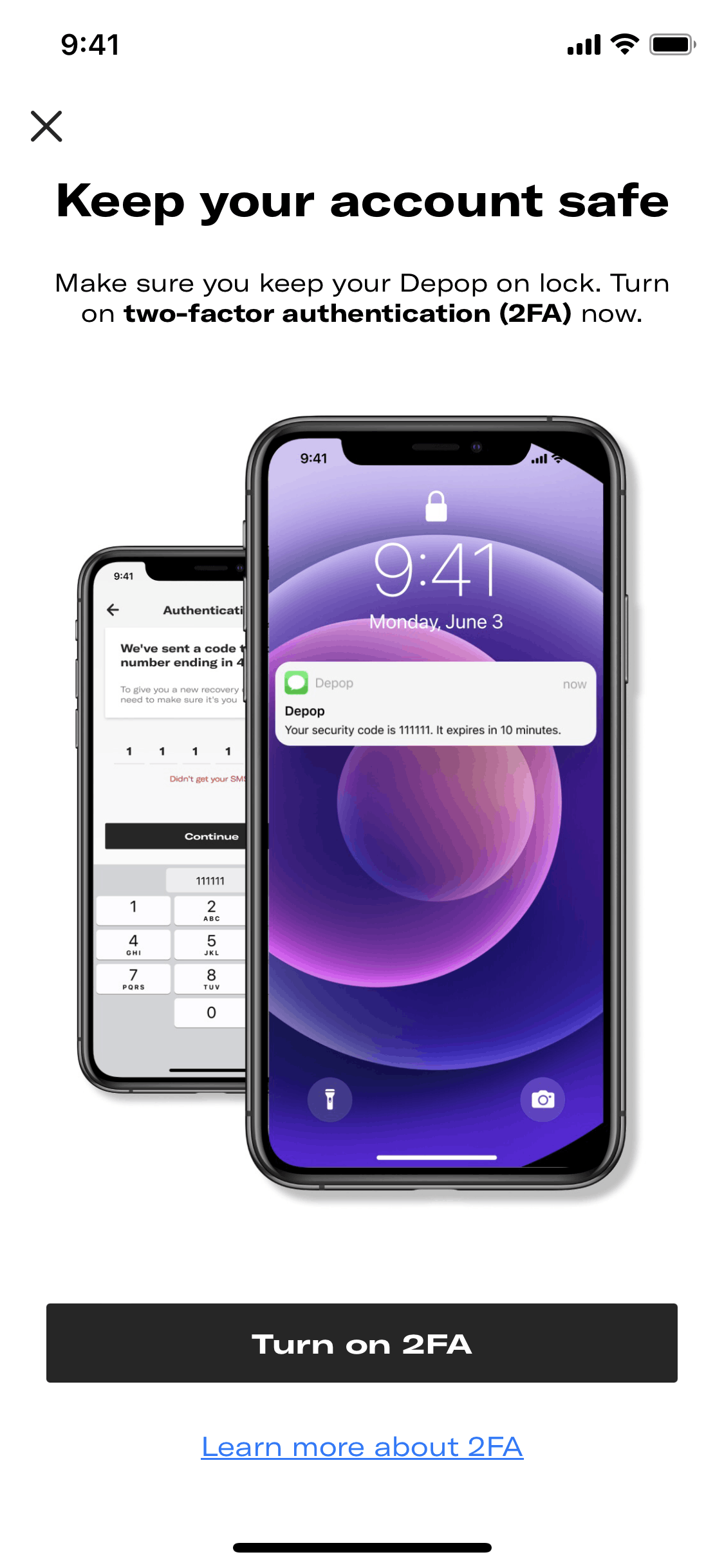 Turning on two-factor authentication on Depop (ios) screen 2