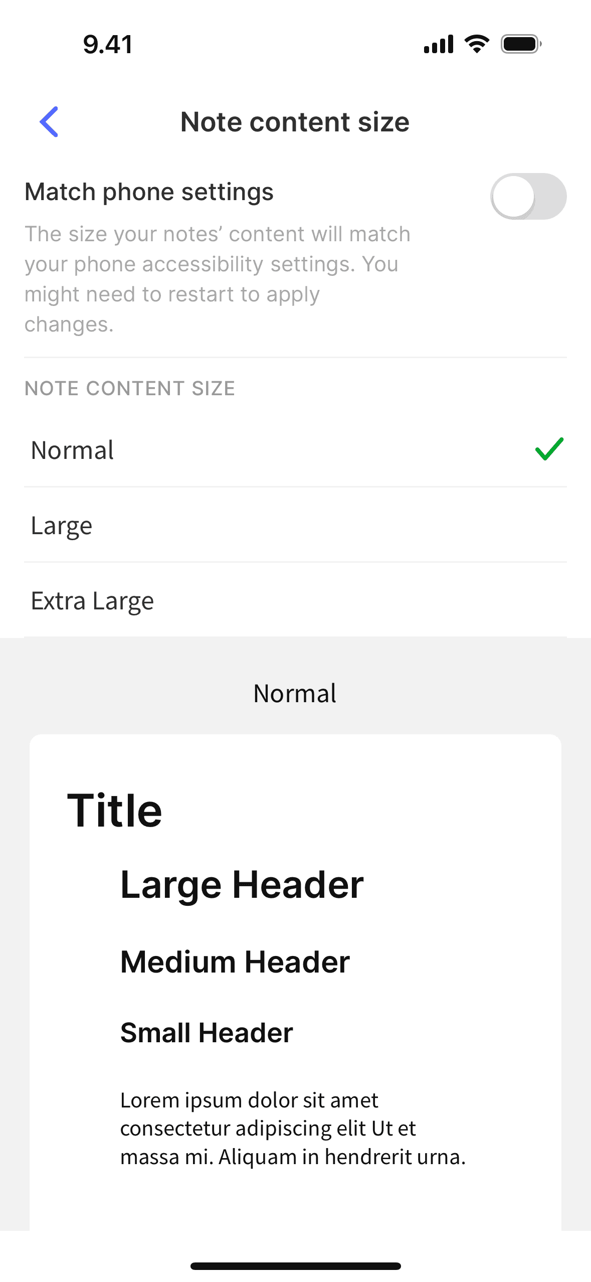 Changing content size on Evernote (ios) screen 3
