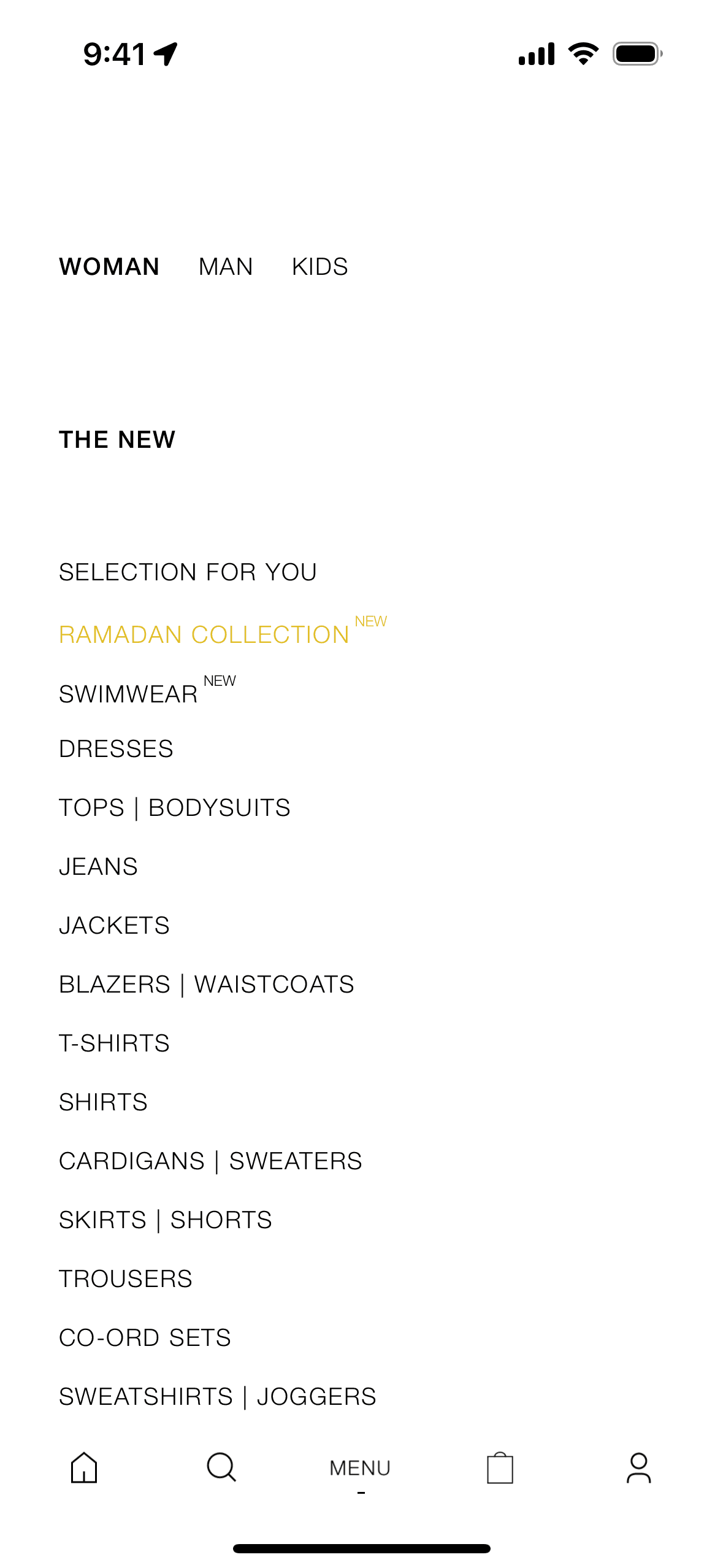 Menu on ZARA (ios) screen 2
