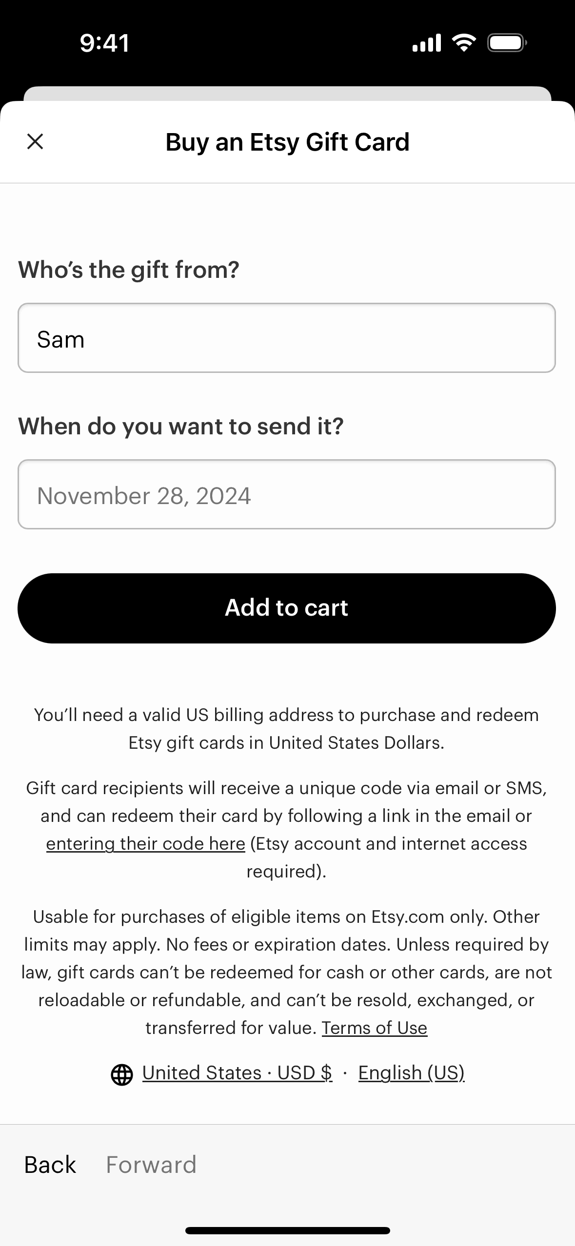Buy a gift card on Etsy (ios) screen 11